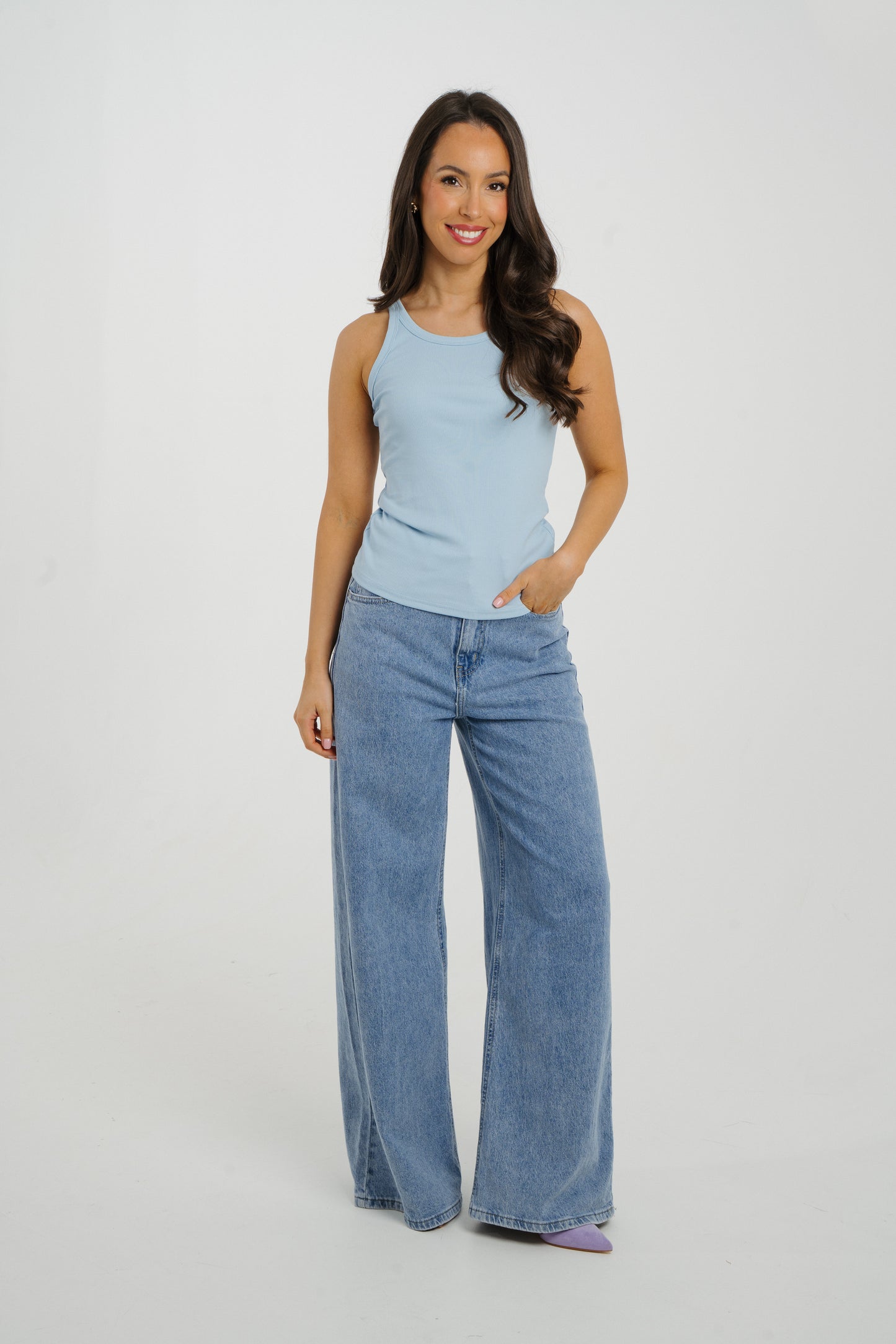 Ally Ribbed Vest Top In Sky Blue