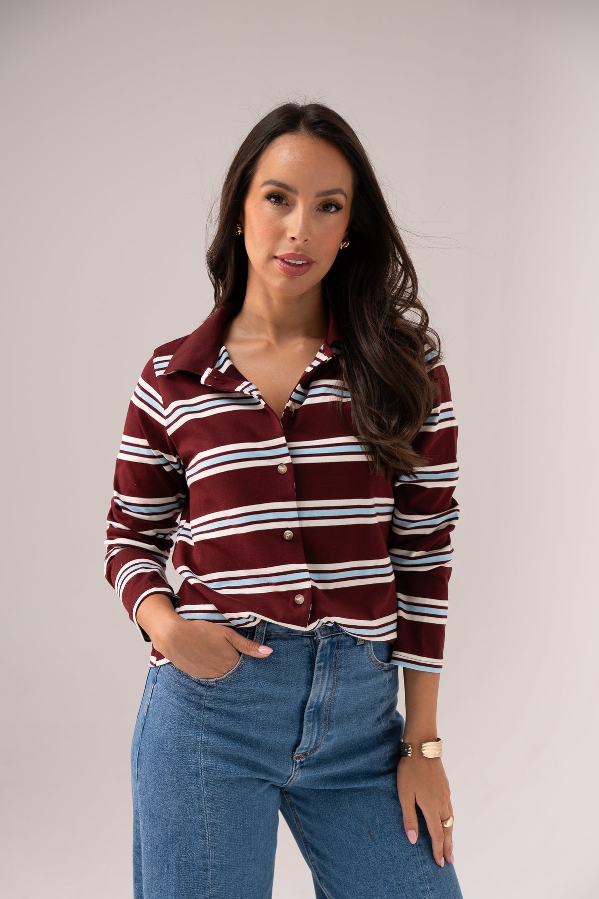 Ally Button Up Stripe Top In Bordeaux