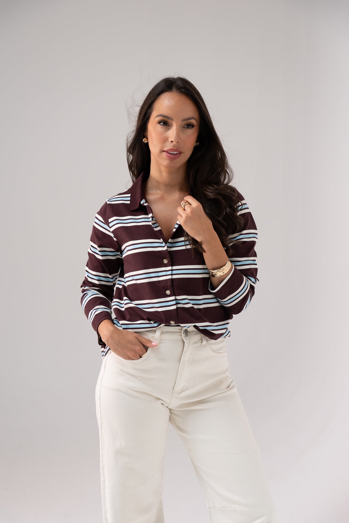 Ally Button Up Stripe Top In Chocolate