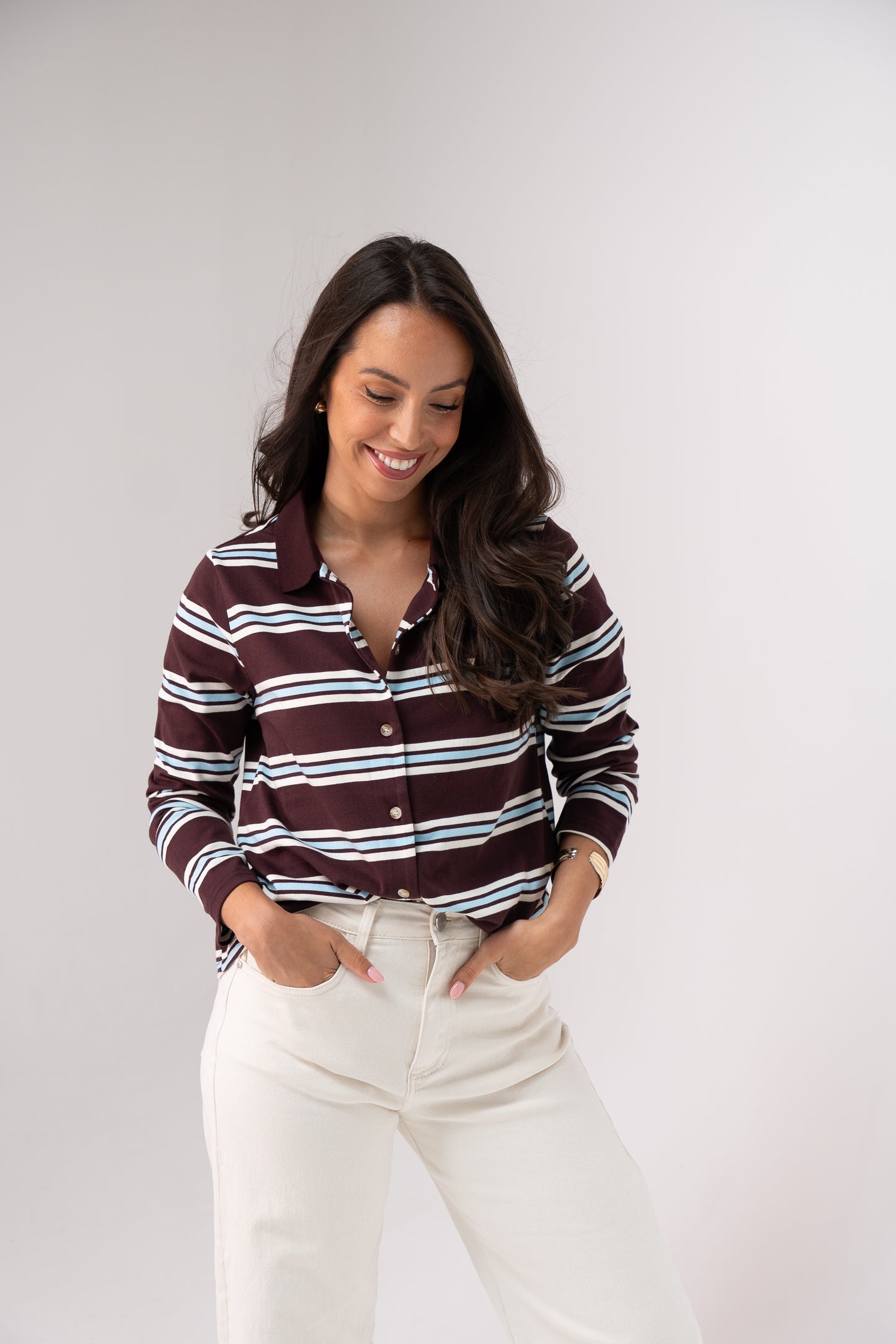 Ally Button Up Stripe Top In Chocolate