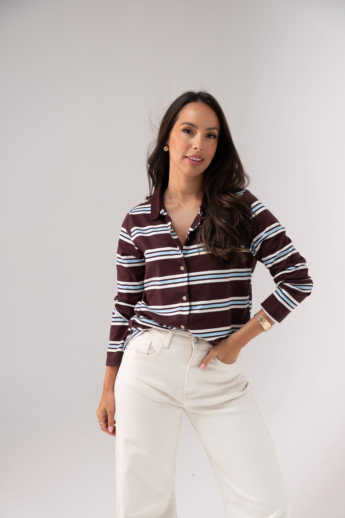 Ally Button Up Stripe Top In Chocolate
