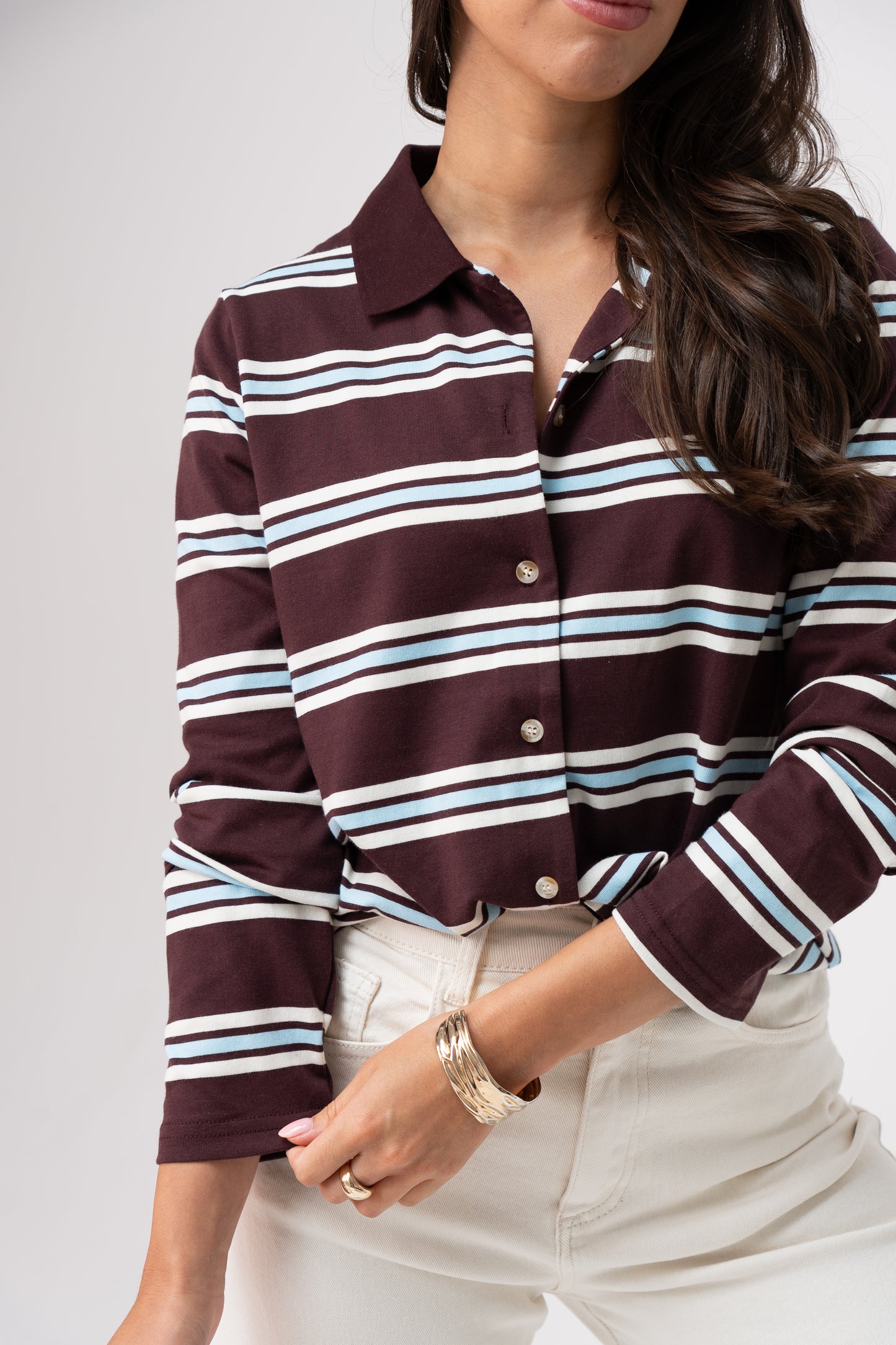Ally Button Up Stripe Top In Chocolate