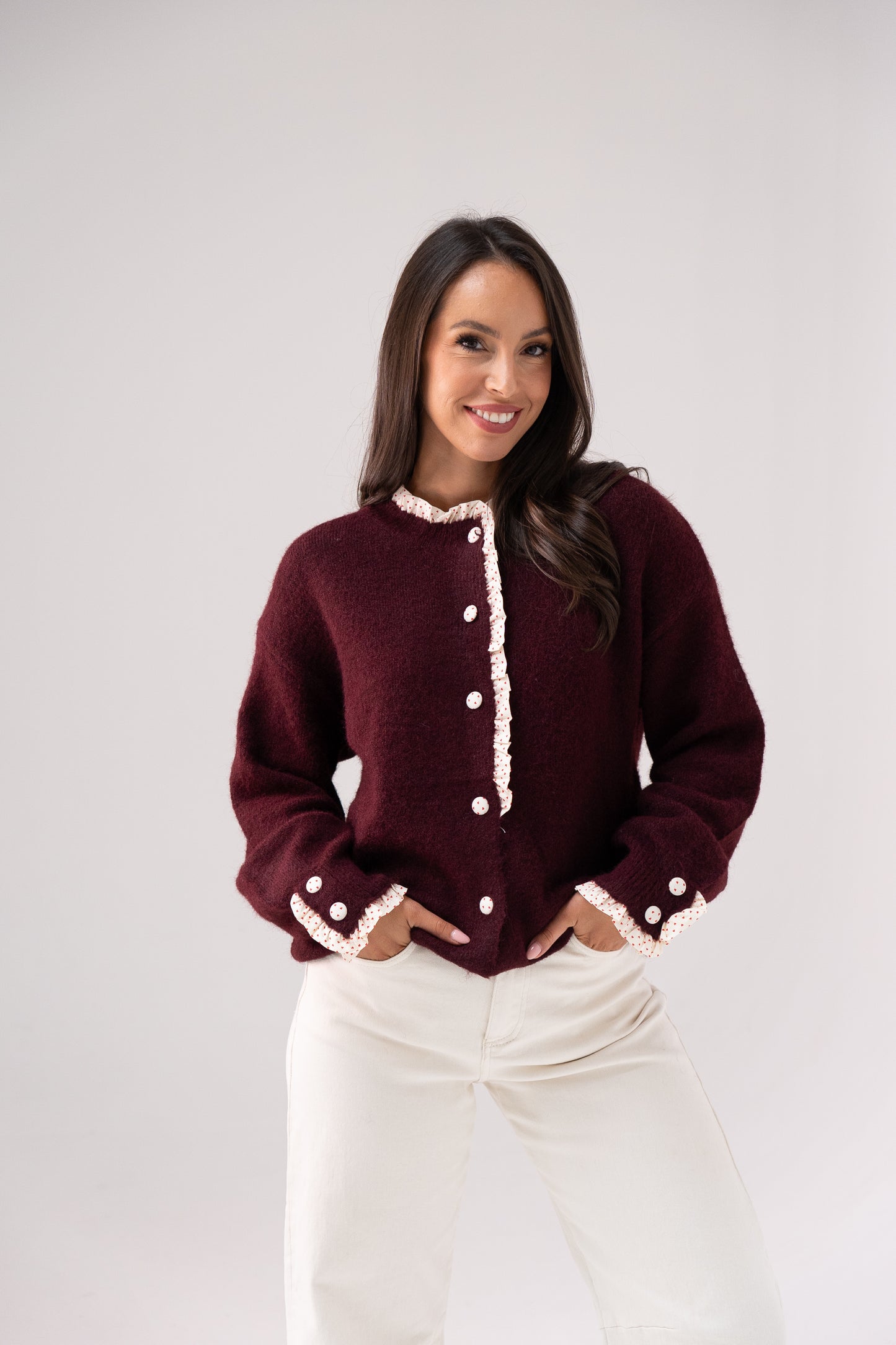 Belle Polka Dot Ruffle Cardigan In Bordeaux