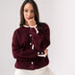Belle Polka Dot Ruffle Cardigan In Bordeaux