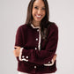 Belle Polka Dot Ruffle Cardigan In Bordeaux