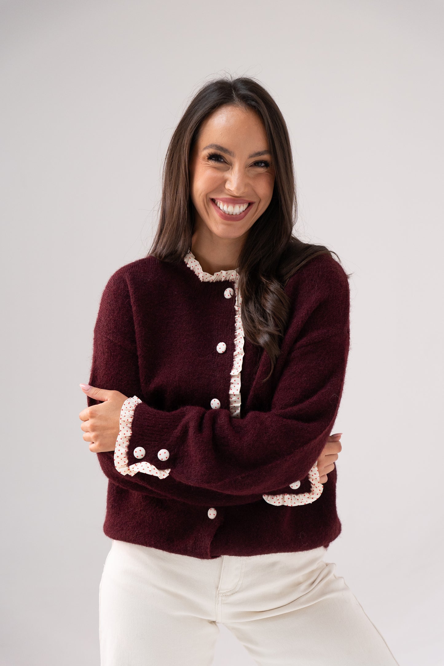 Belle Polka Dot Ruffle Cardigan In Bordeaux
