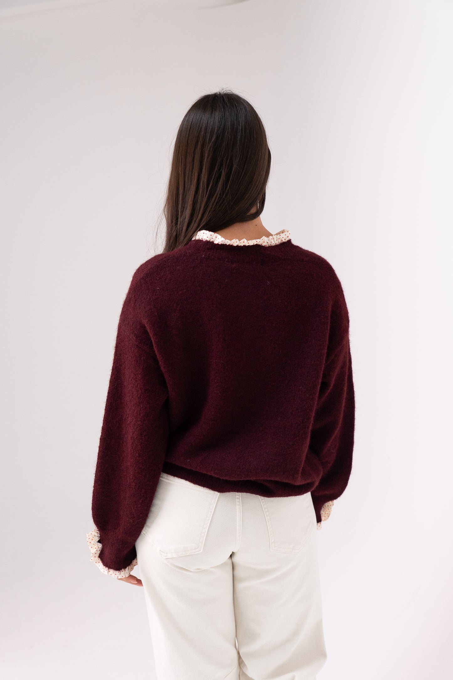 Belle Polka Dot Ruffle Cardigan In Bordeaux