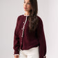 Belle Polka Dot Ruffle Cardigan In Bordeaux