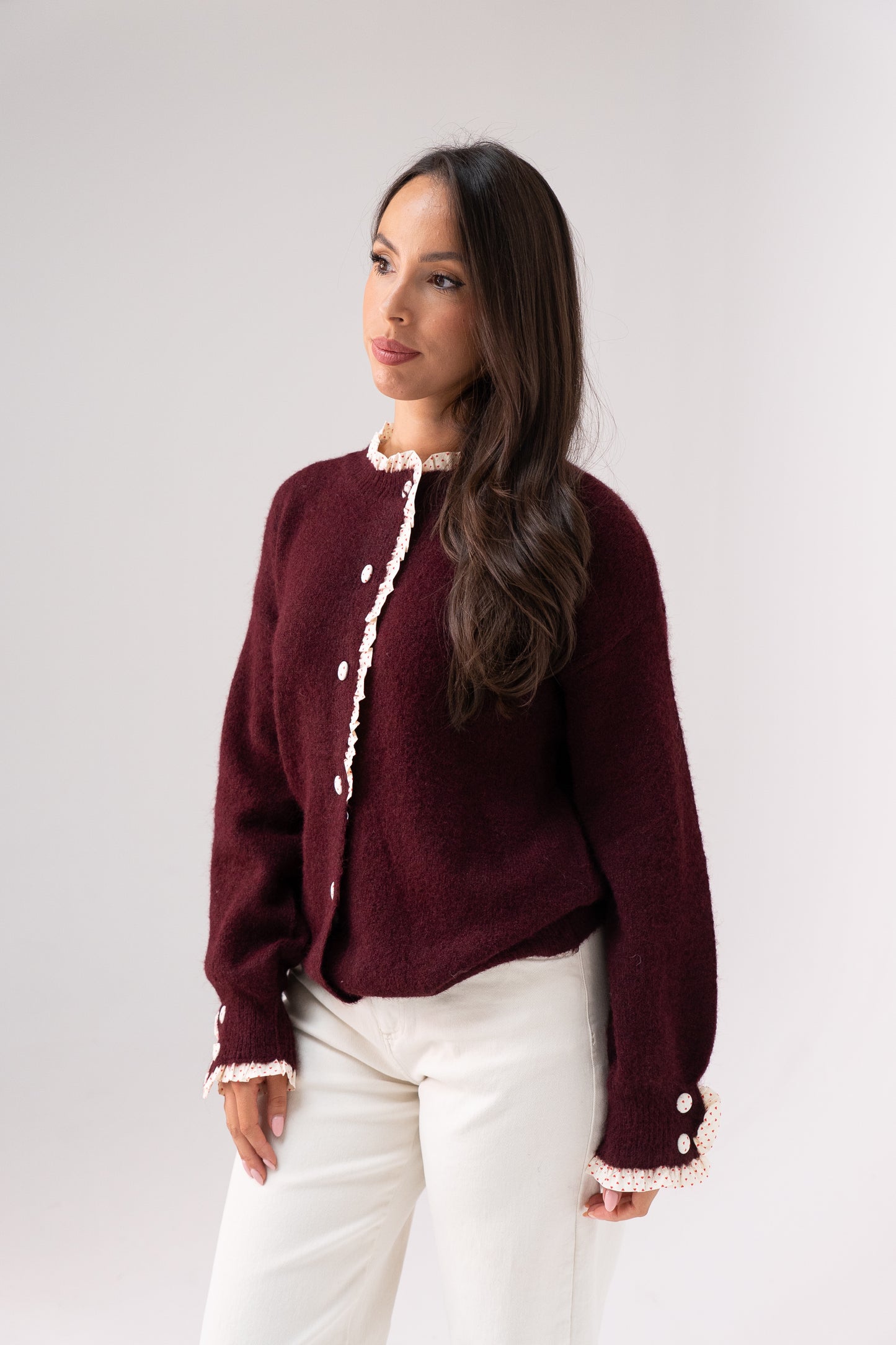 Belle Polka Dot Ruffle Cardigan In Bordeaux