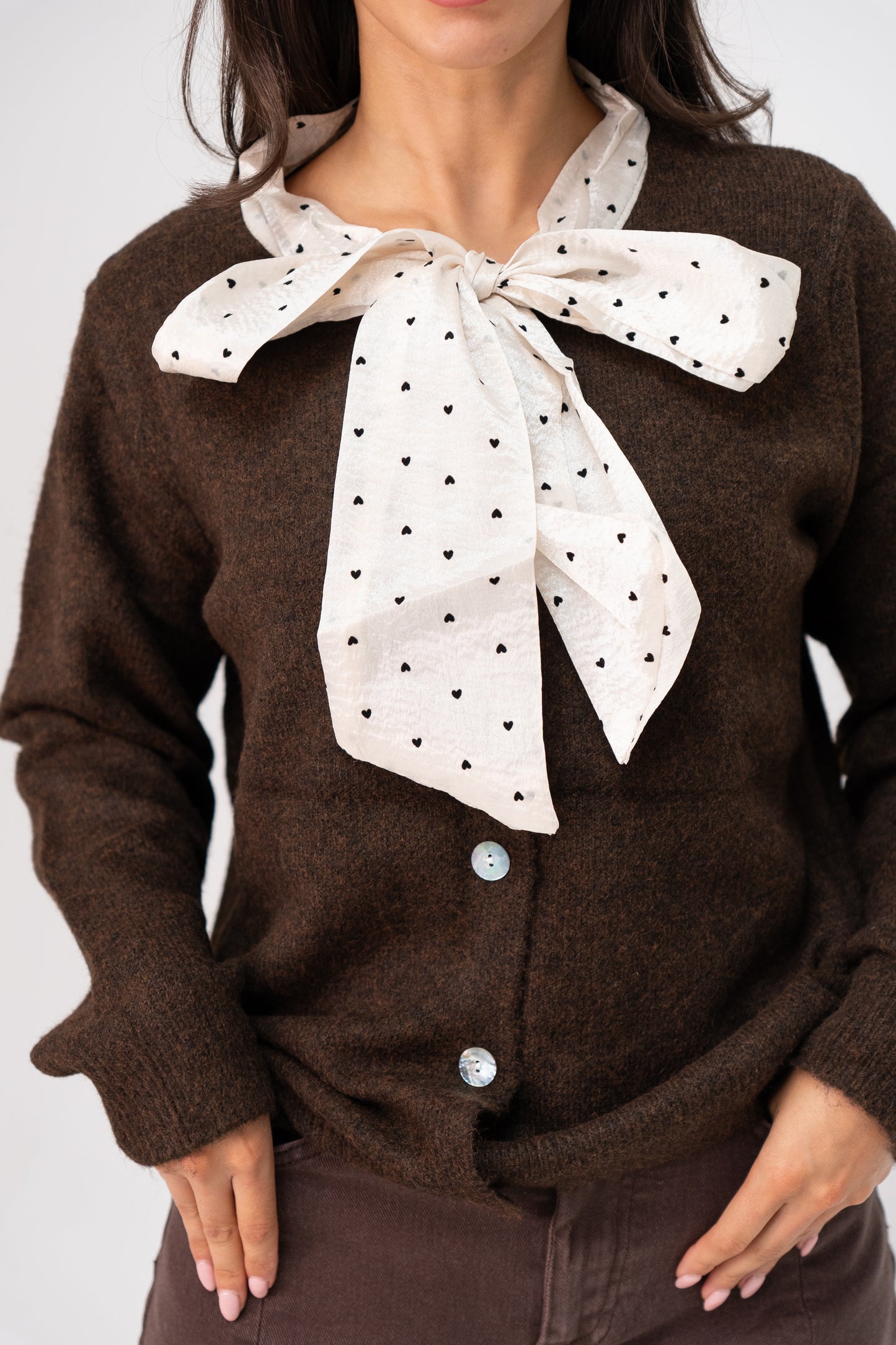 Belle Polka Dot Bow Cardigan In Chocolate