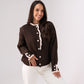 Belle Polka Dot Ruffle Cardigan In Chocolate
