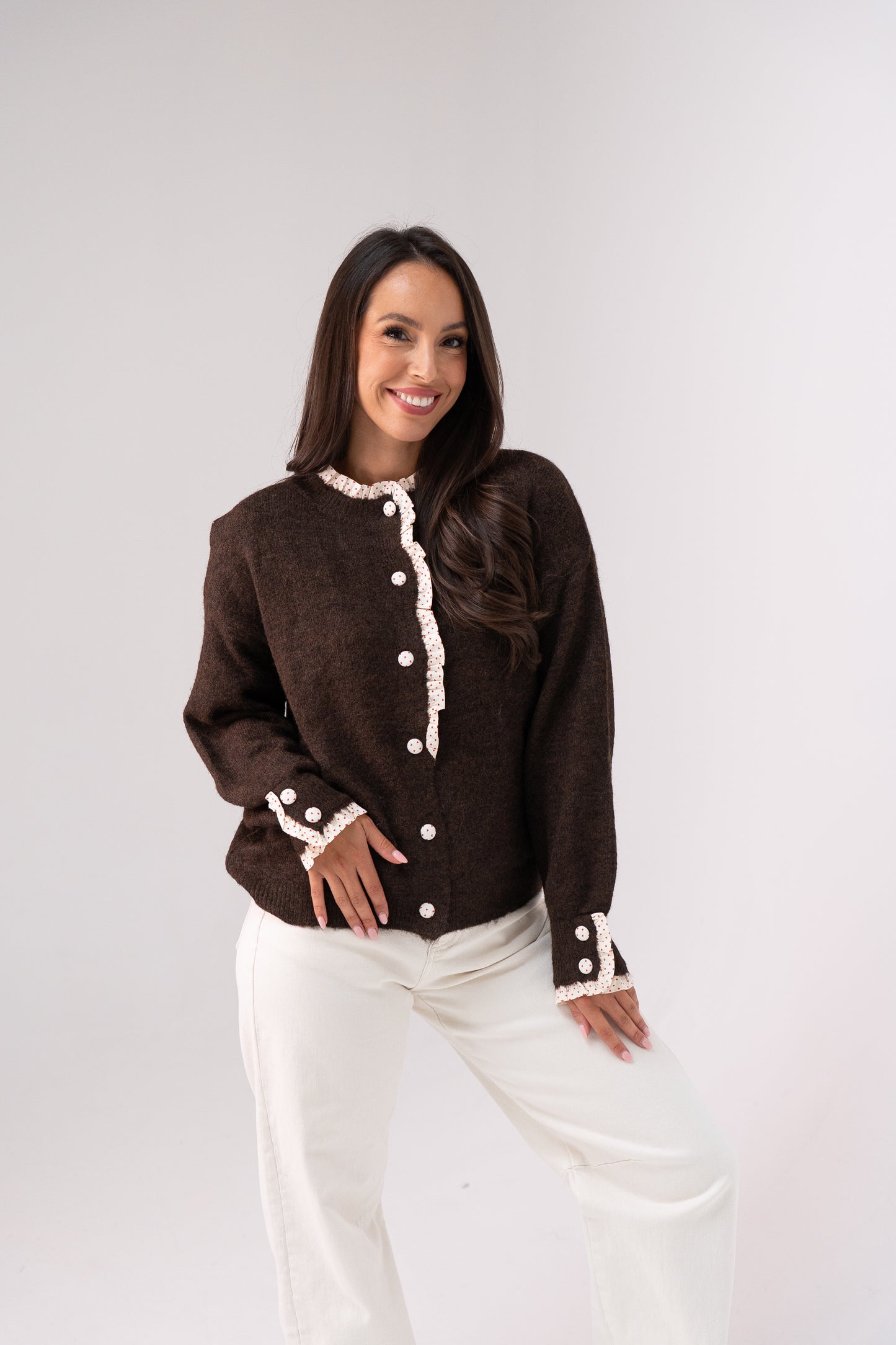 Belle Polka Dot Ruffle Cardigan In Chocolate