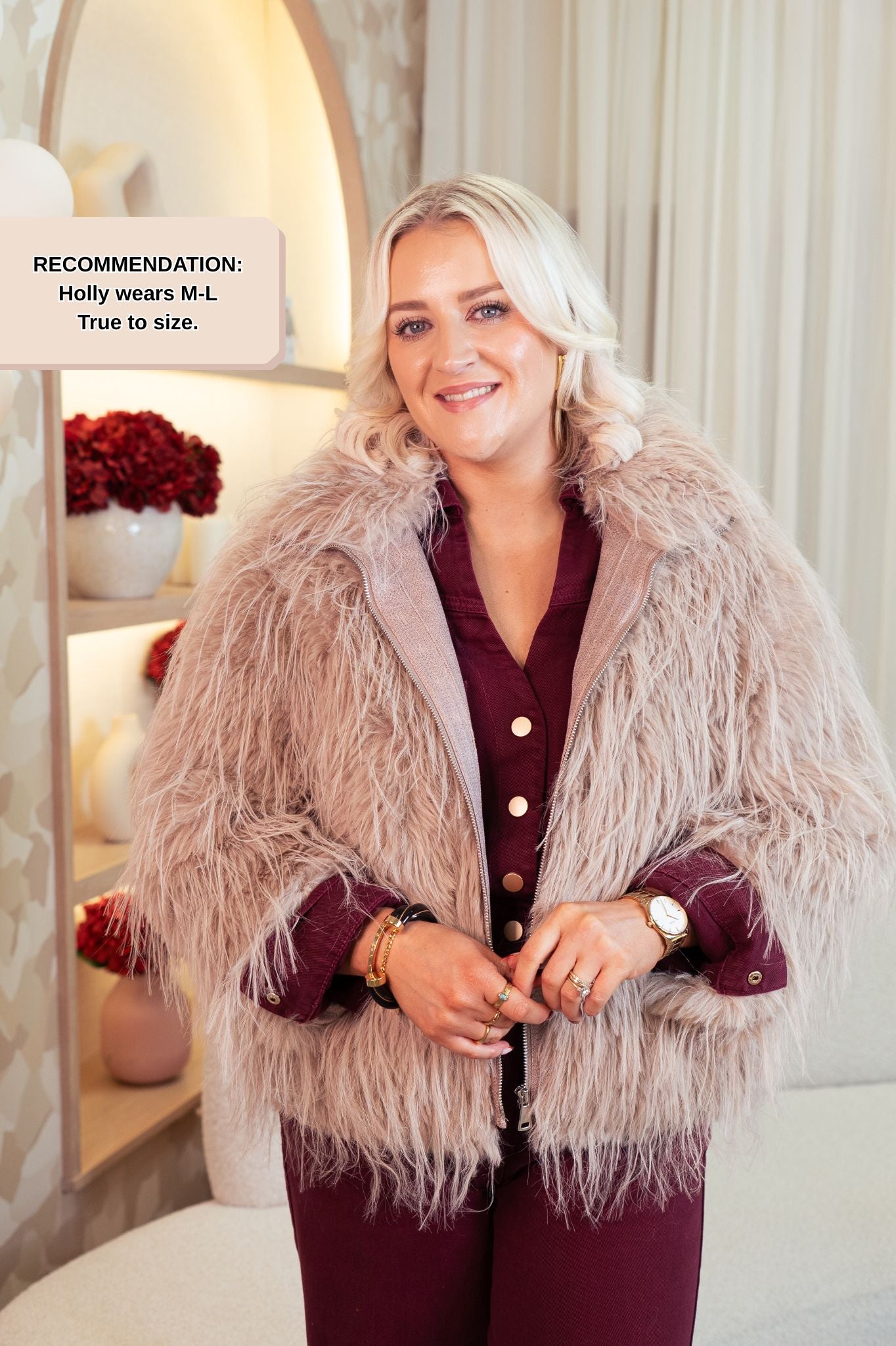 Love Laura Textured Faux Fur Coat In Taupe