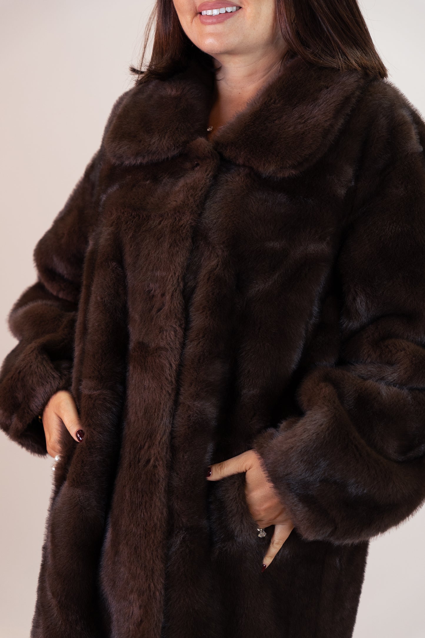 Love Laura Longline Faux Fur Coat In Chocolate