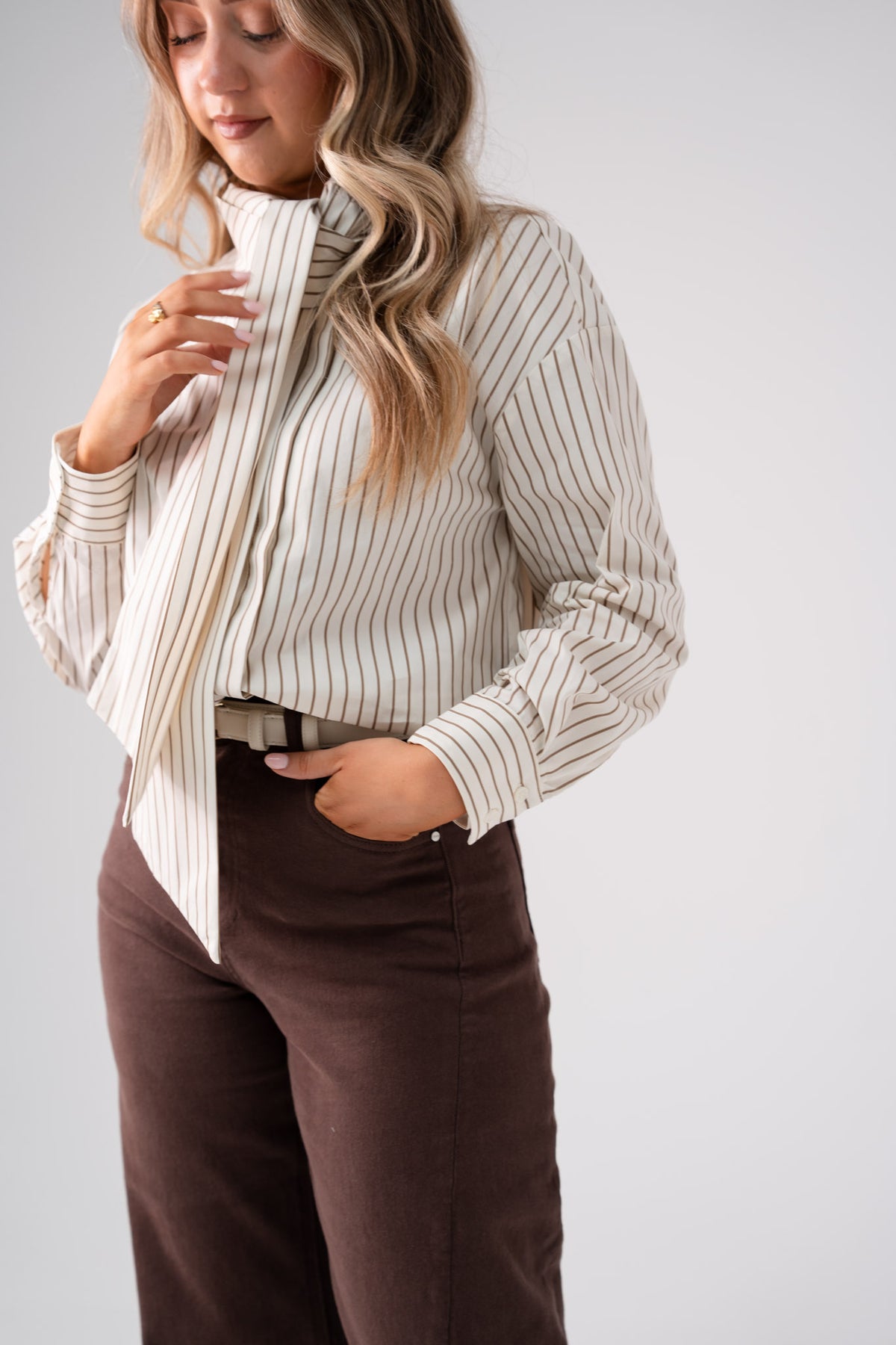 Love Laura Pinstripe Bow Blouse In Nude