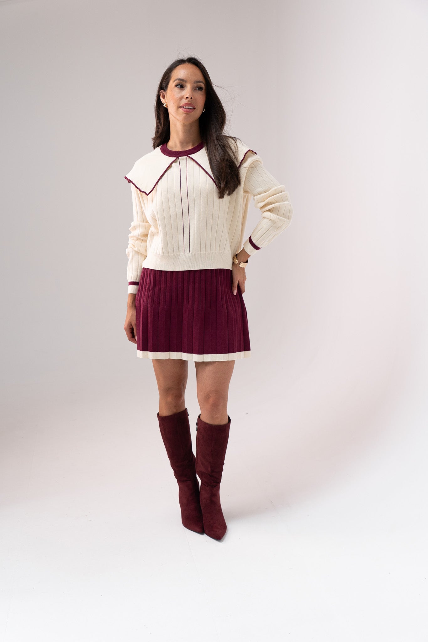 Caitlyn Piped Knit Two Piece In Burgundy