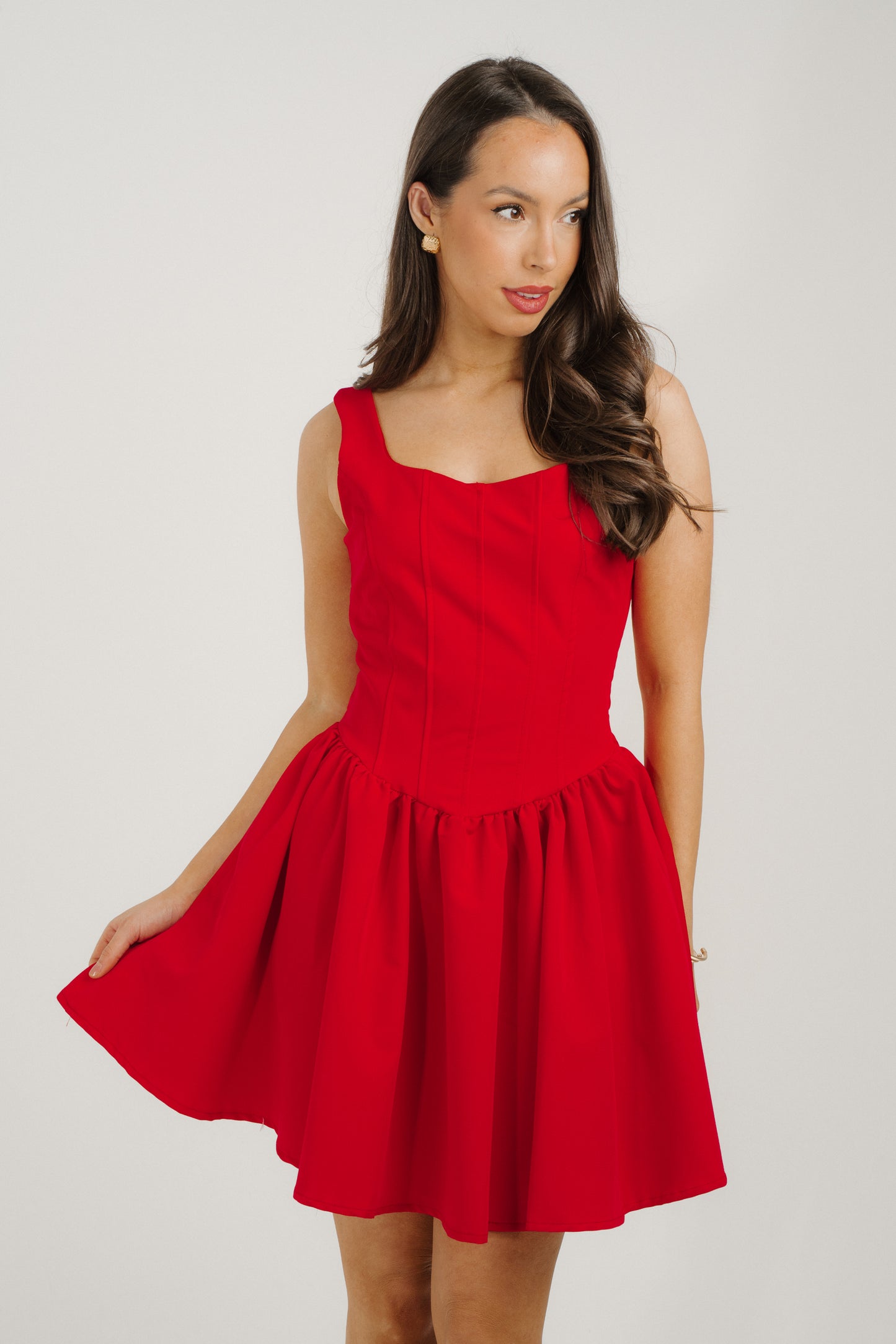 Caitlyn Pleated Skirt Dress In Red