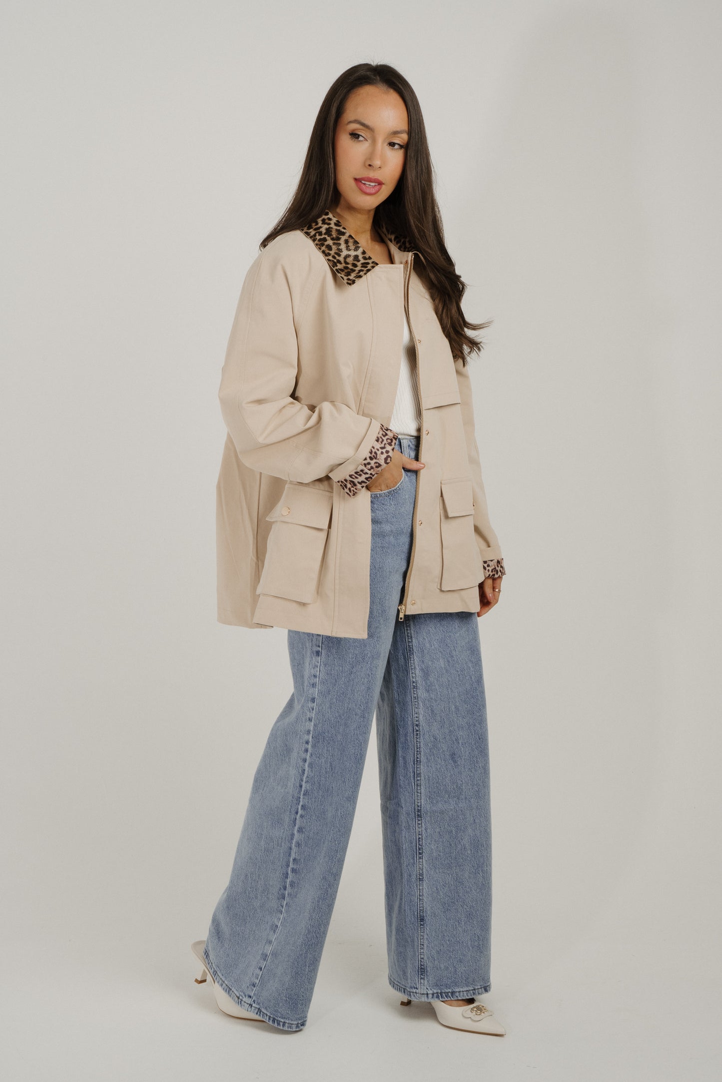 Caitlyn Leopard Contrast Trench Coat In Neutral