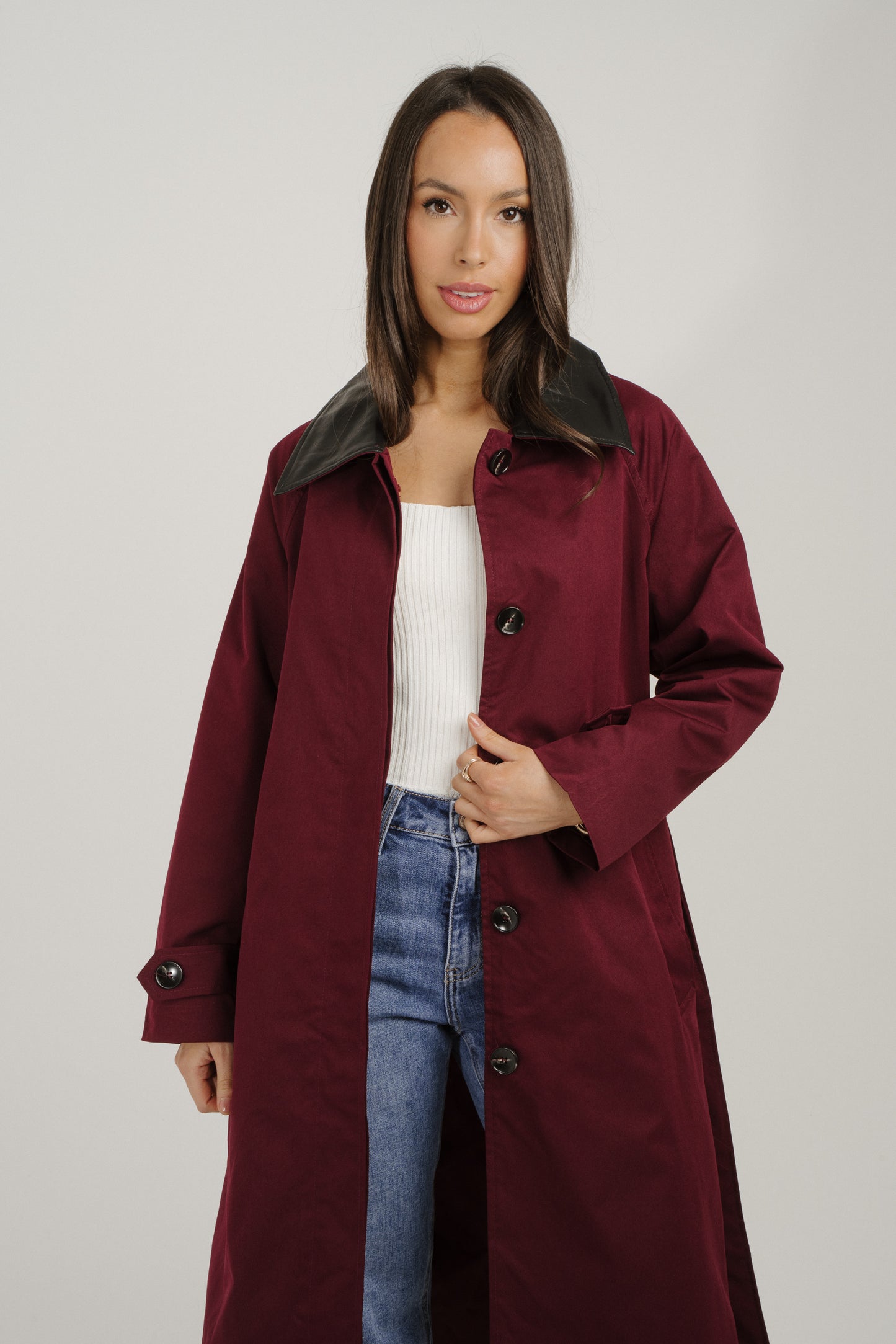 Caitlyn Longline Contrast Trench Coat In Wine