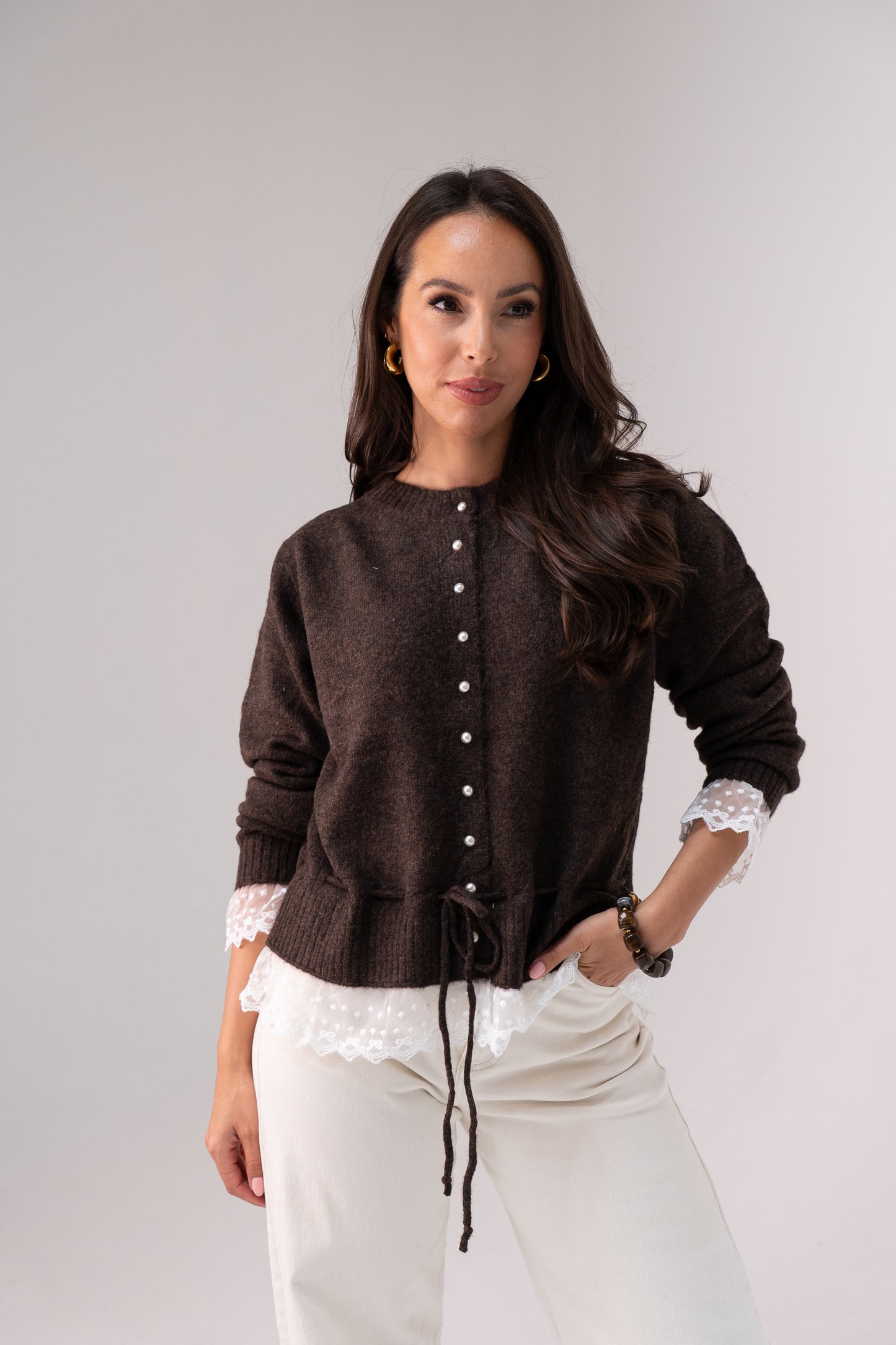 Cathy Drawstring Cardigan In Coffee