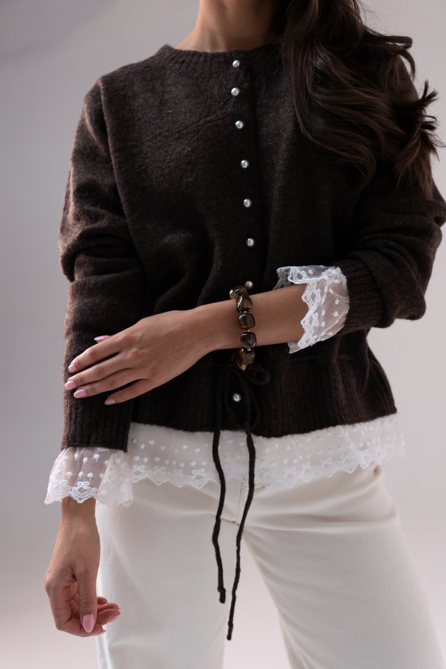 Cathy Drawstring Cardigan In Coffee