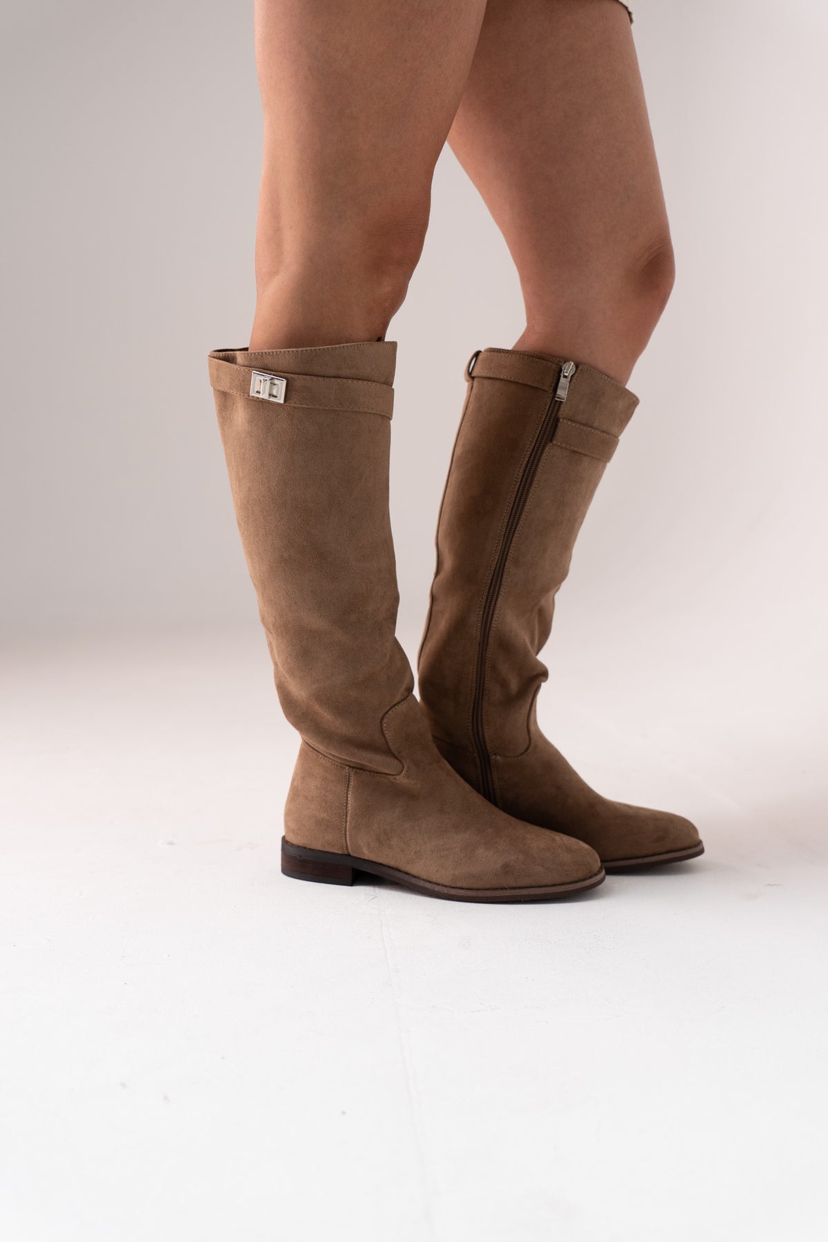 Cathy Faux Suede Flat Boot In Taupe