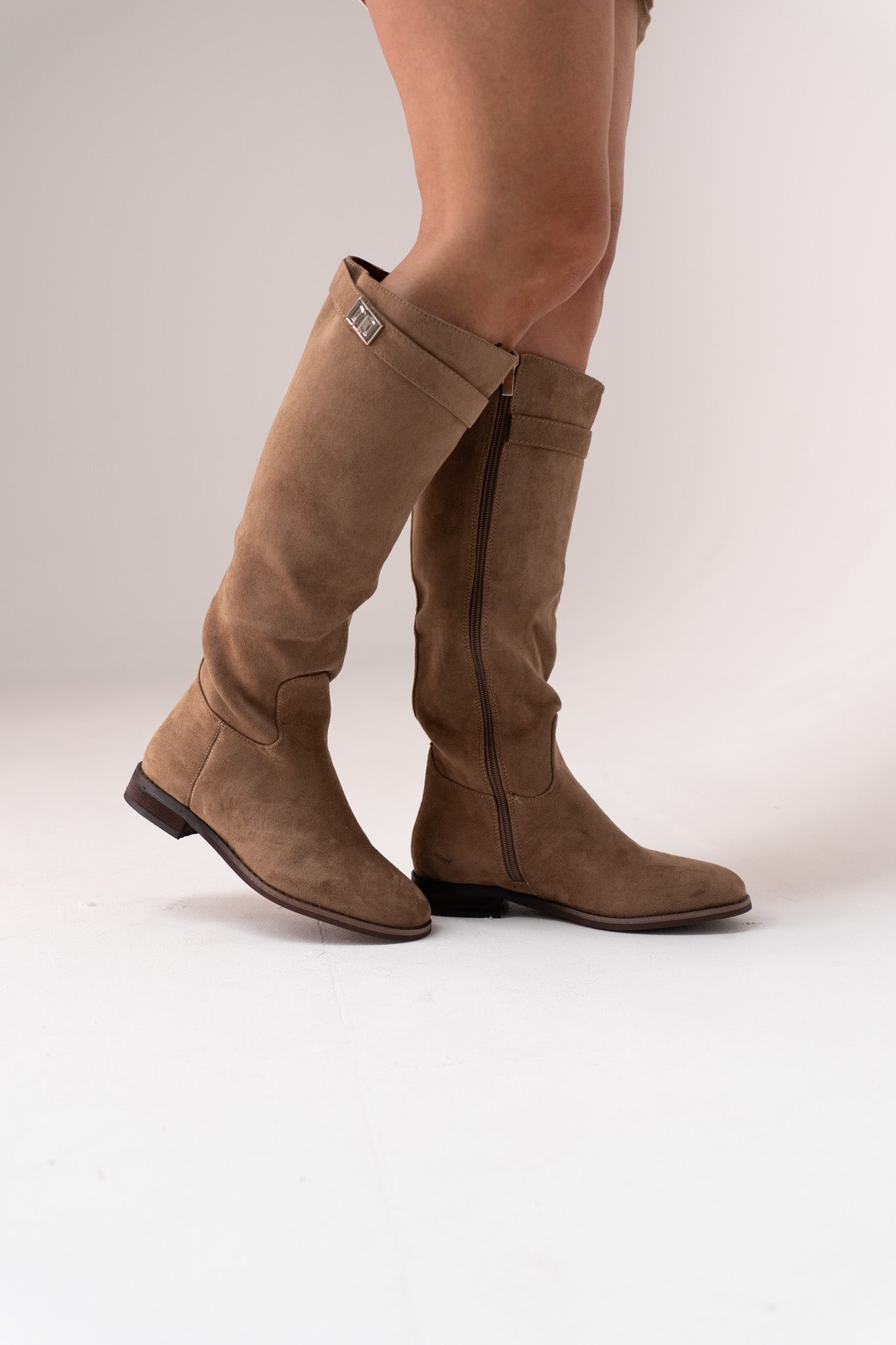 Cathy Faux Suede Flat Boot In Taupe
