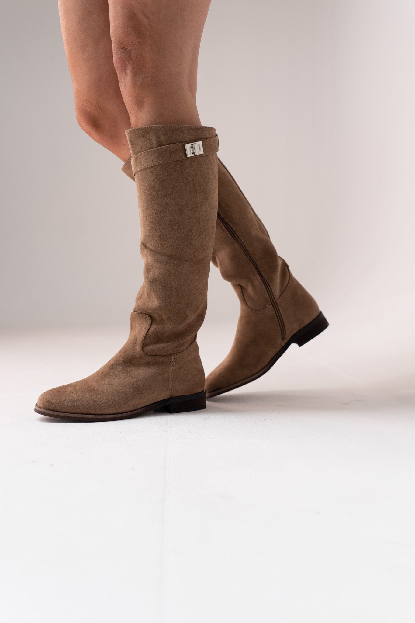 Cathy Faux Suede Flat Boot In Taupe