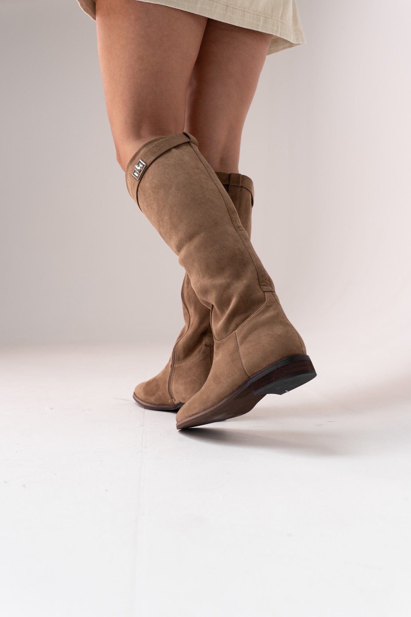 Cathy Faux Suede Flat Boot In Taupe