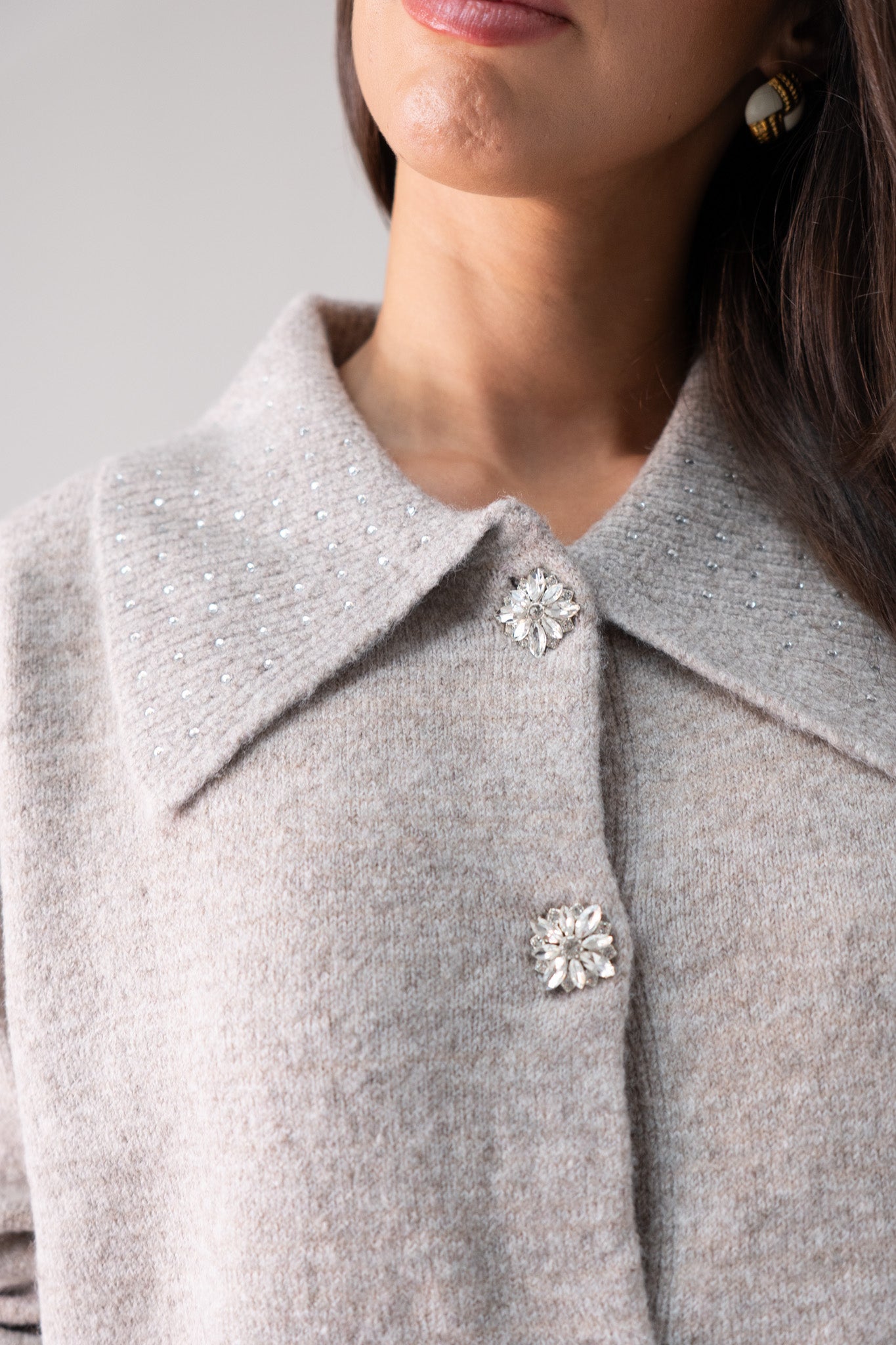 Cathy Studded Collar Cardigan In Taupe