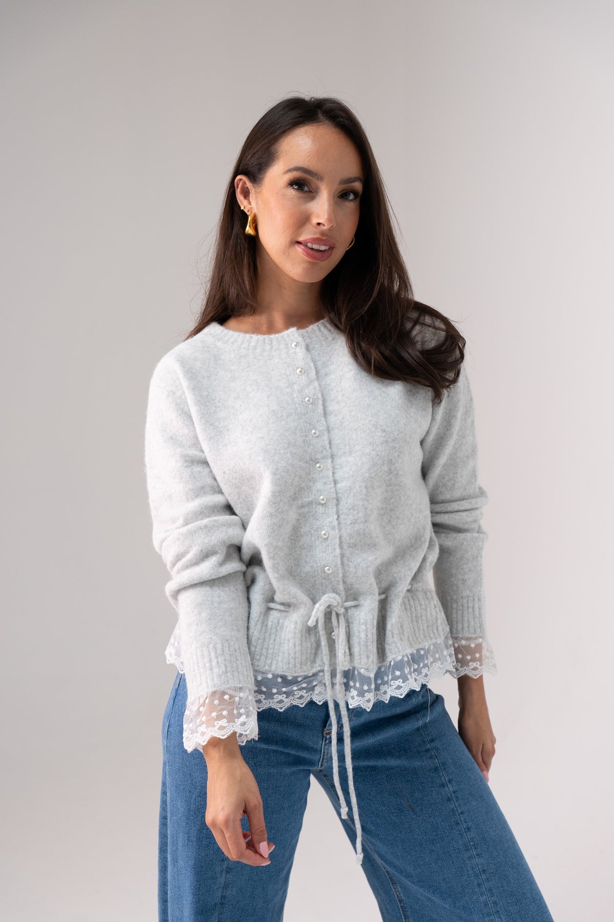 Cathy Drawstring Cardigan In Grey