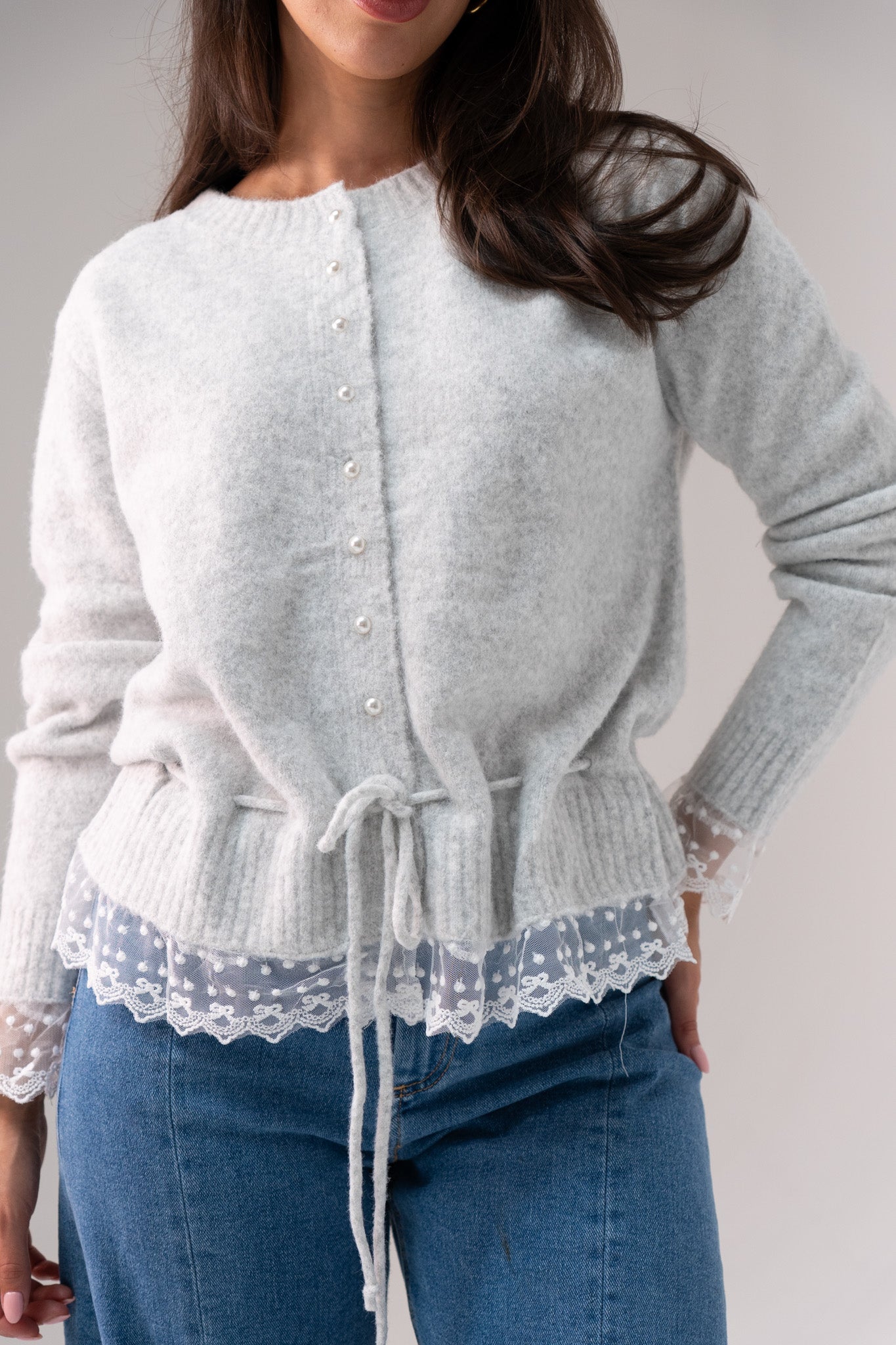 Cathy Drawstring Cardigan In Grey