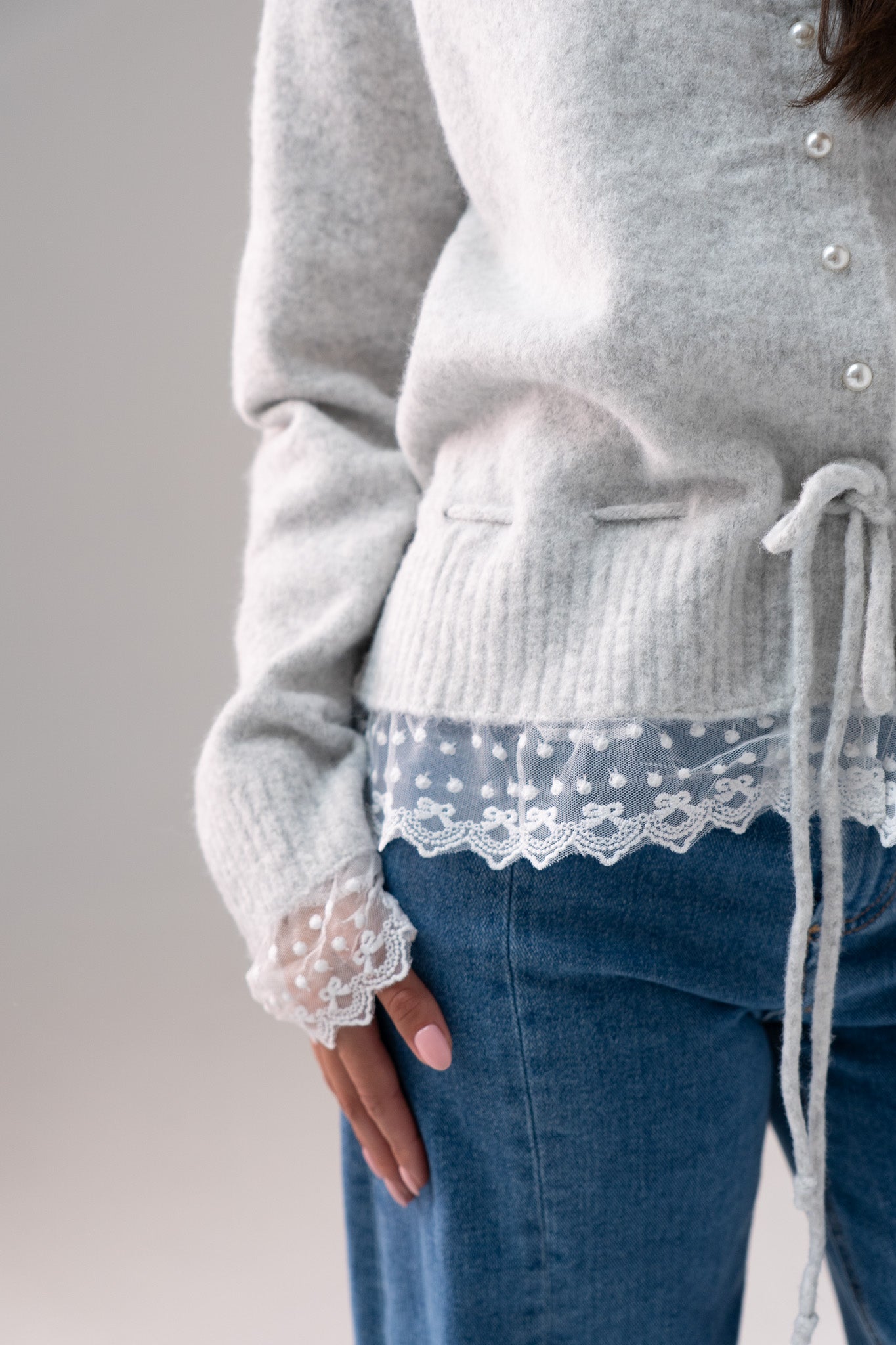 Cathy Drawstring Cardigan In Grey