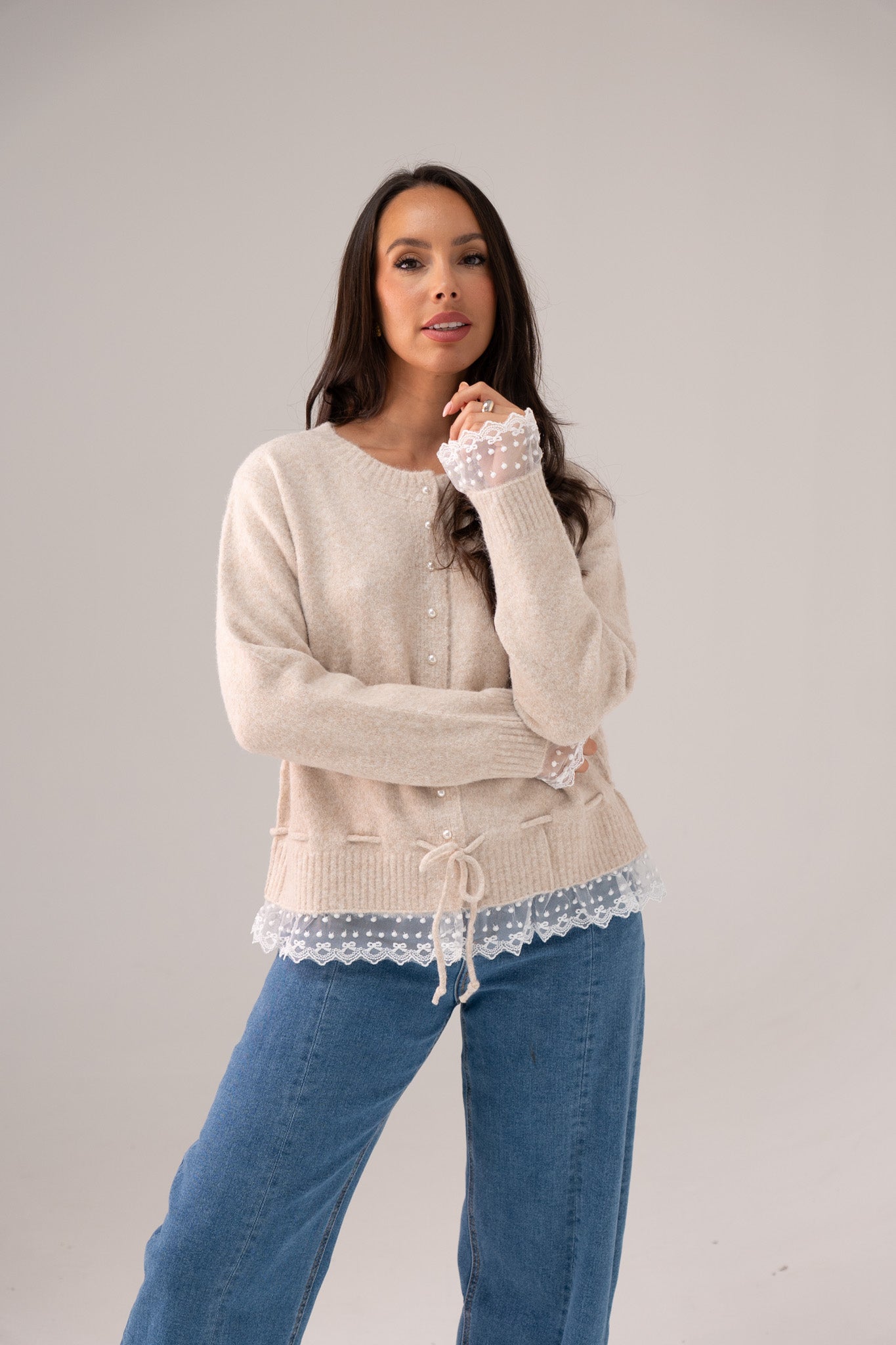 Cathy Drawstring Cardigan In Neutral