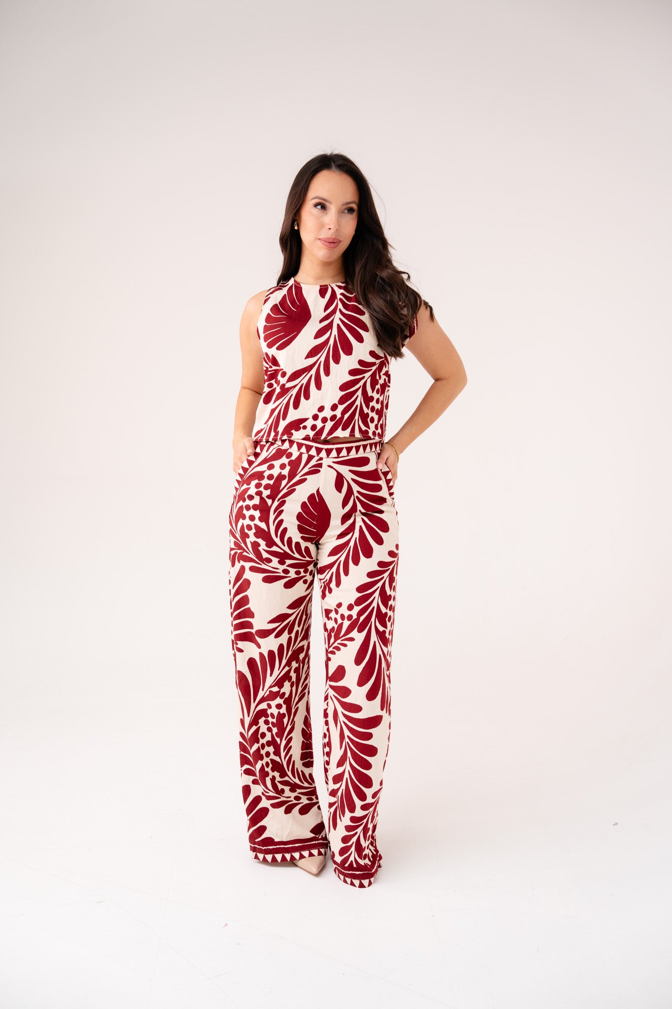 Connie Bordeaux Printed Top In Cream