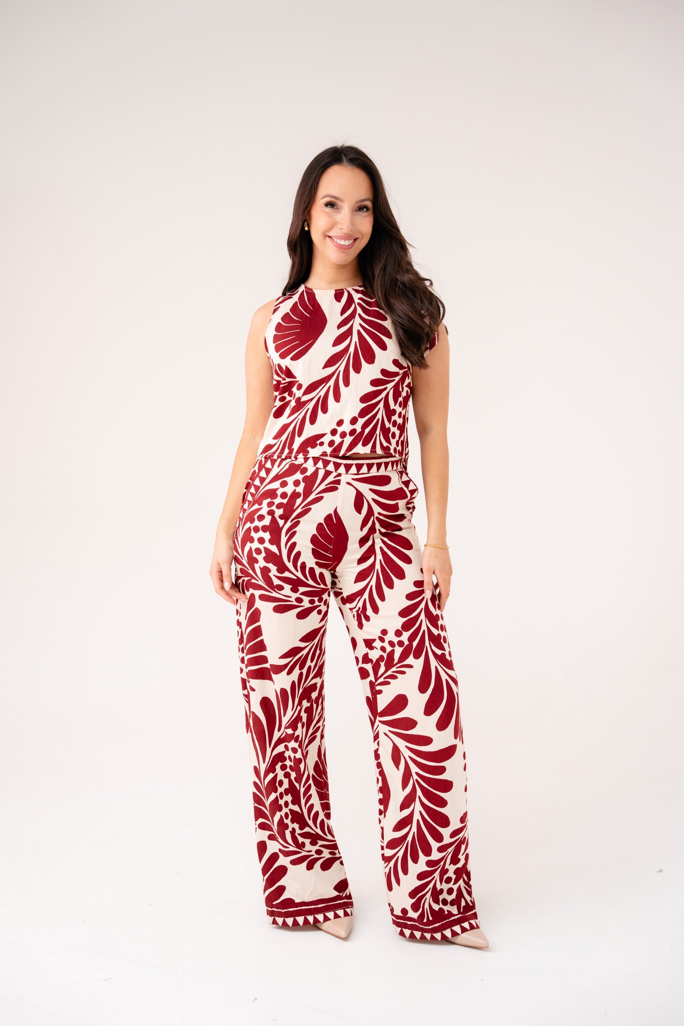 Connie Bordeaux Printed Trousers In Cream