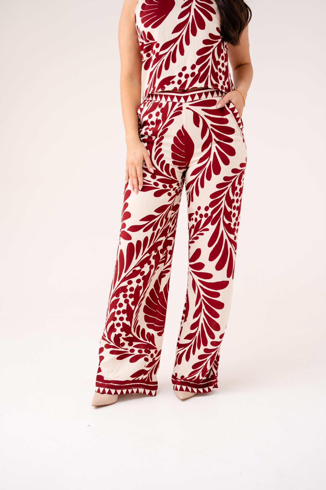 Connie Bordeaux Printed Trousers In Cream