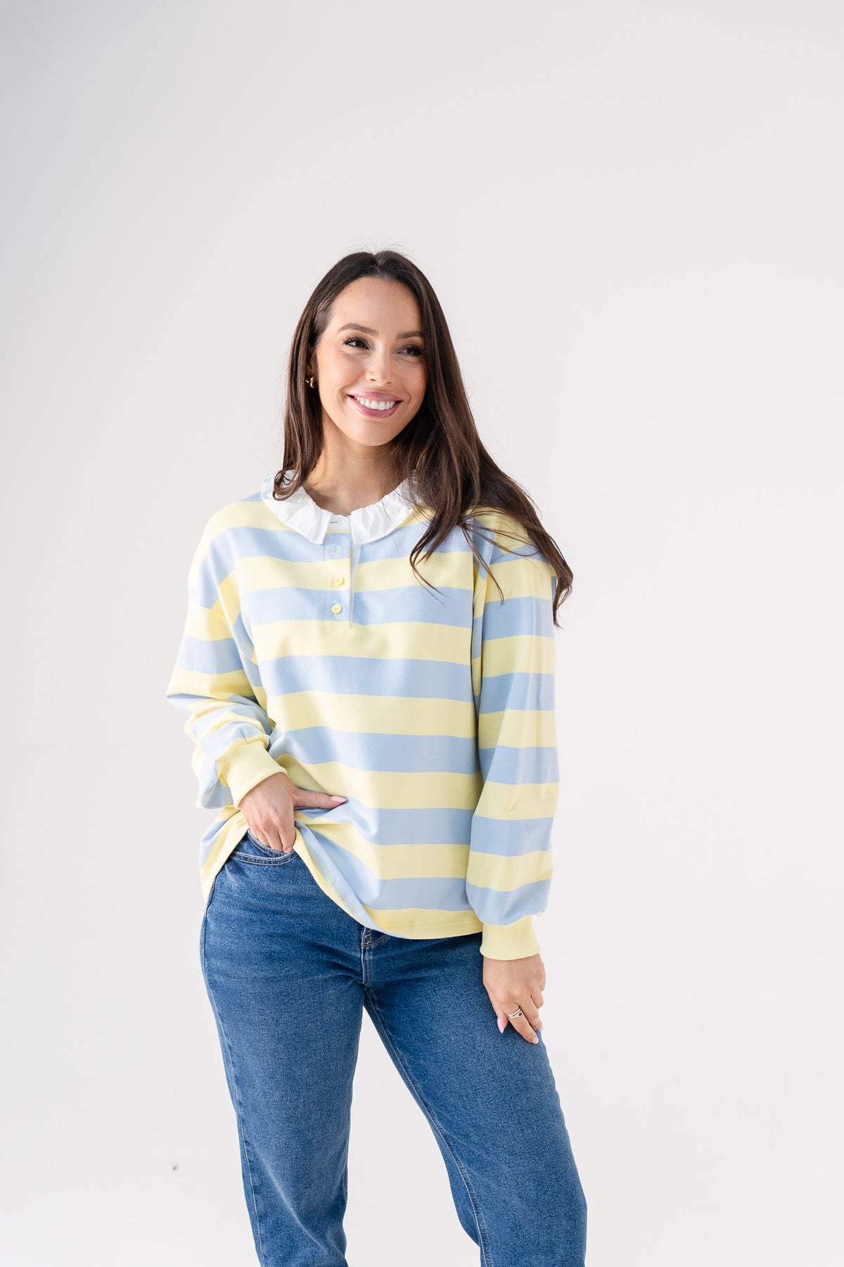 Connie Frill Collar Rugby Shirt In Blue Mix