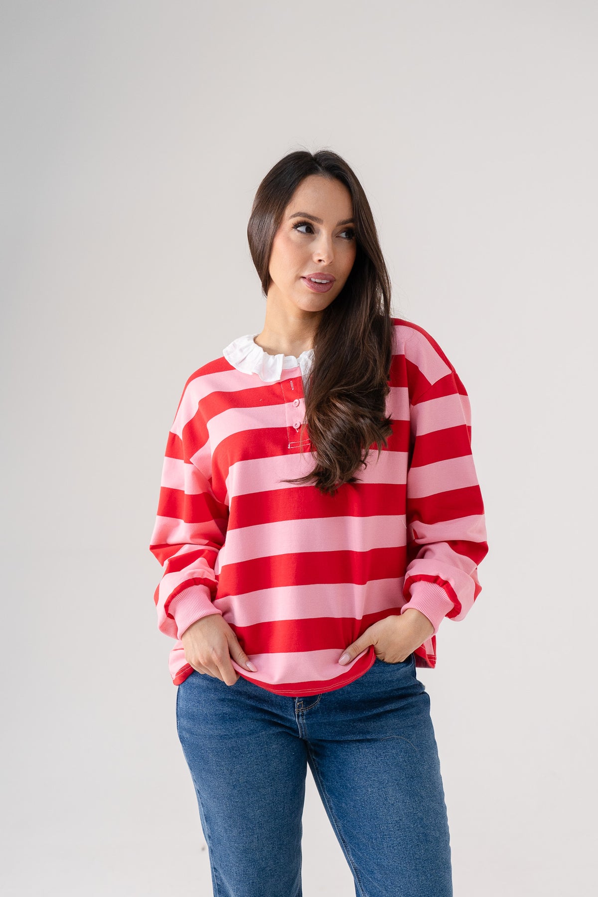 Connie Frill Collar Rugby Shirt In Red Mix