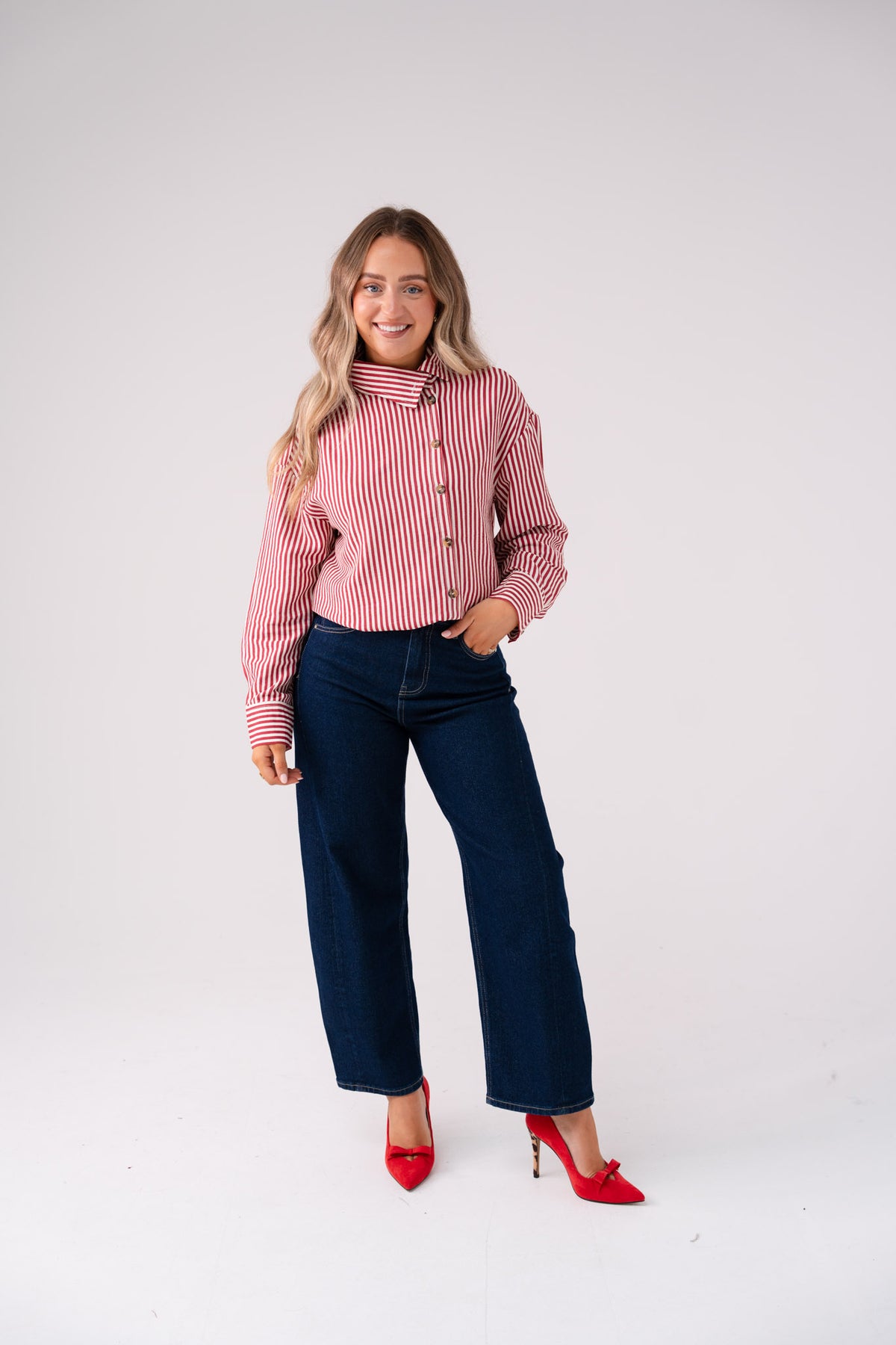 Connie Funnel Neck Stripe Shirt In Red