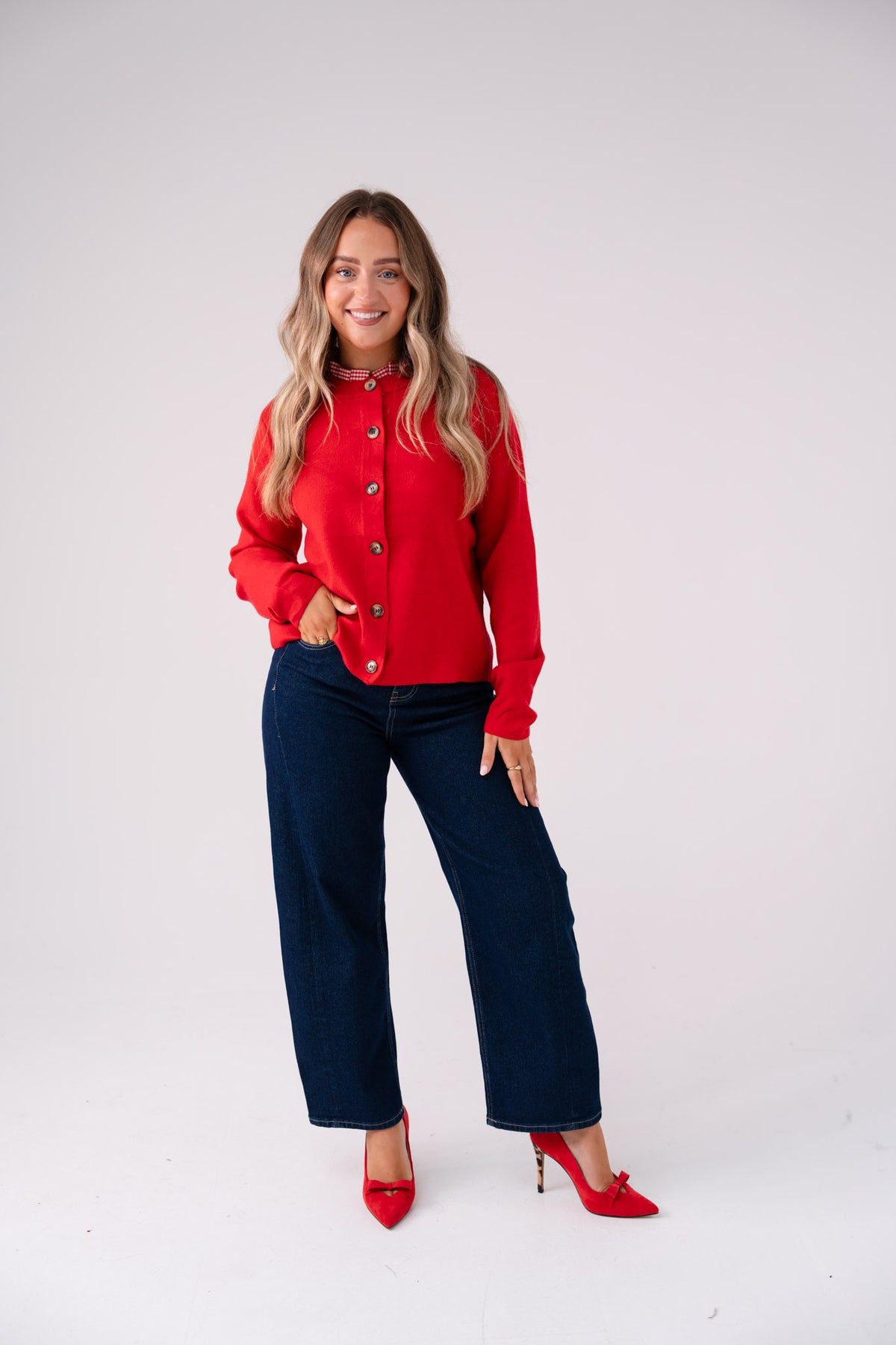 Connie Gingham Collar Cardigan In Red