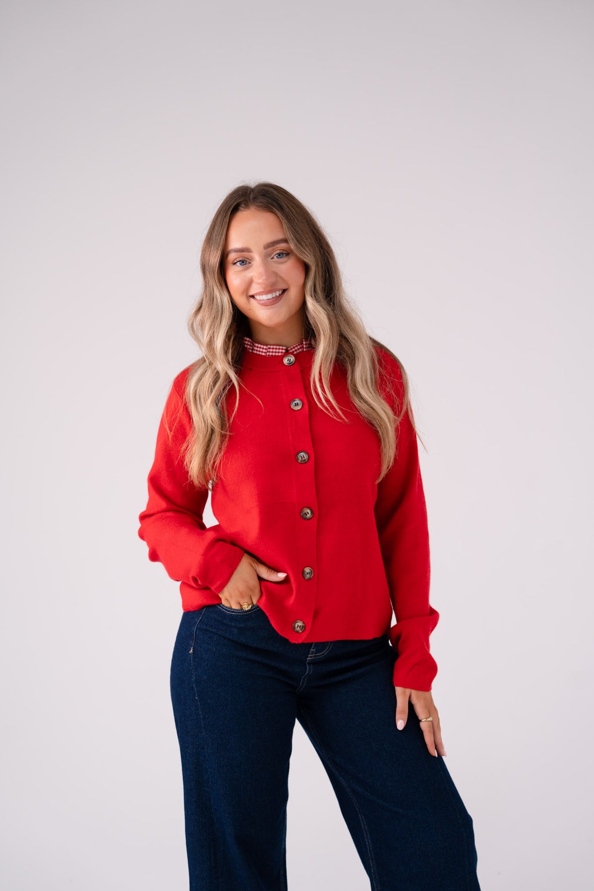 Connie Gingham Collar Cardigan In Red
