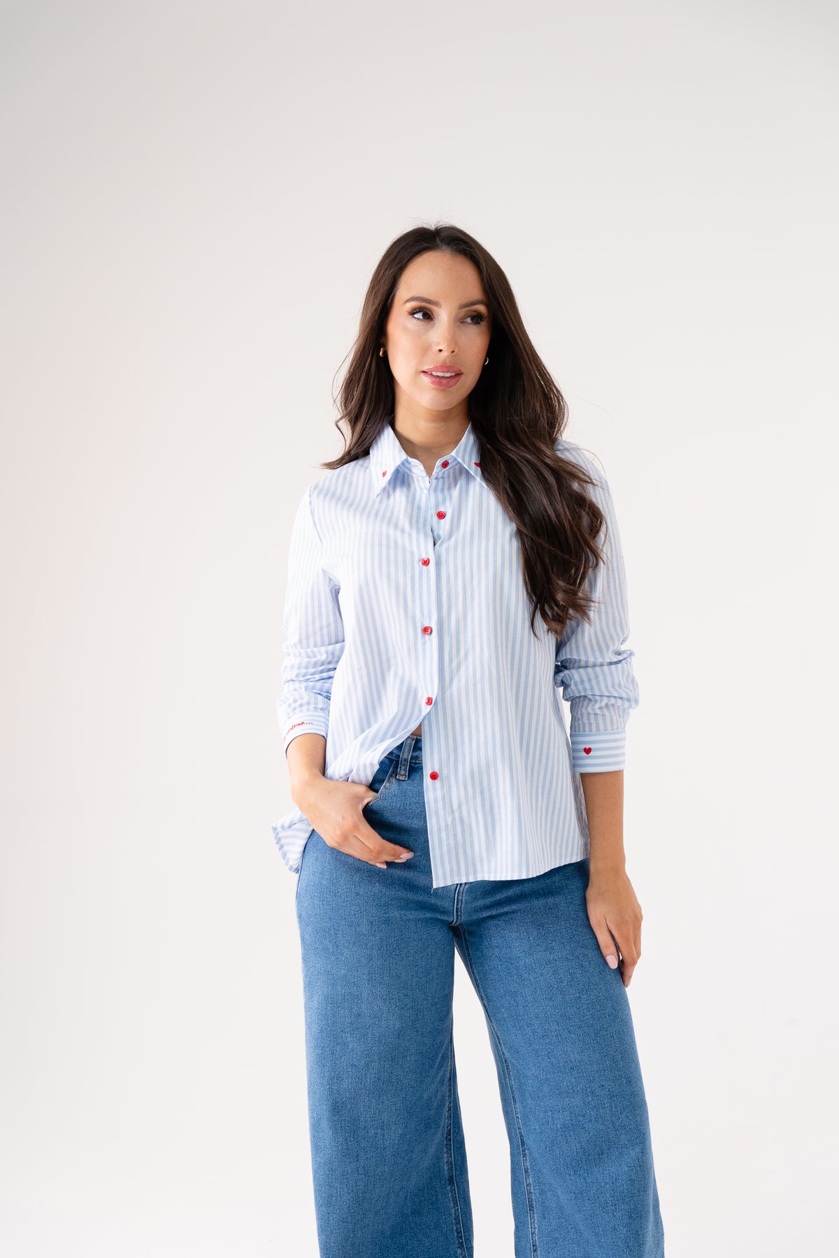 Connie Heart Detail Pinstripe Shirt In Blue