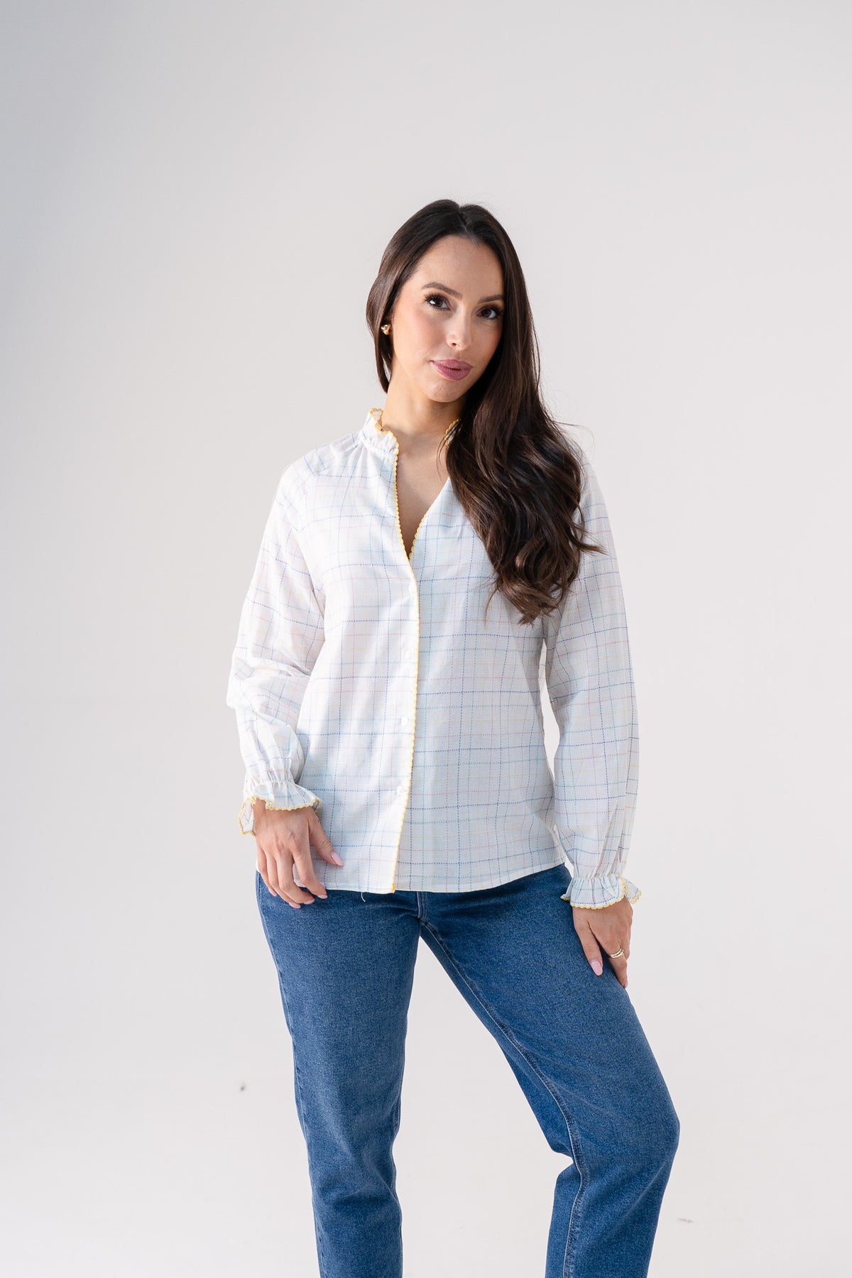 Connie Pastel Check Blouse In White