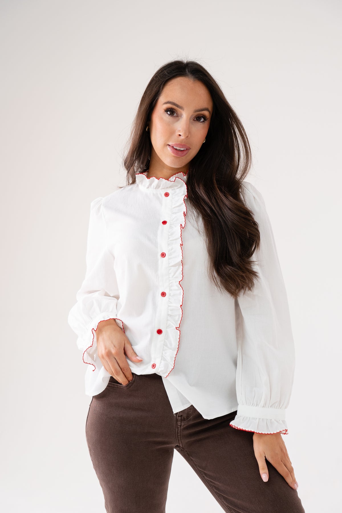 Connie Red Piped Shirt In White