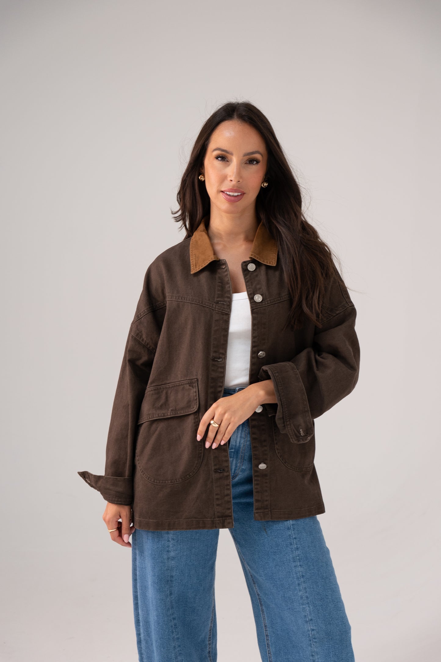 Cora Contrast Collar Shacket In Chocolate