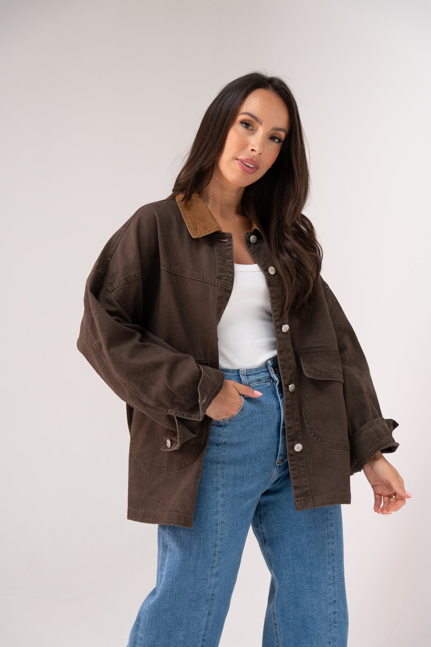Cora Contrast Collar Shacket In Chocolate