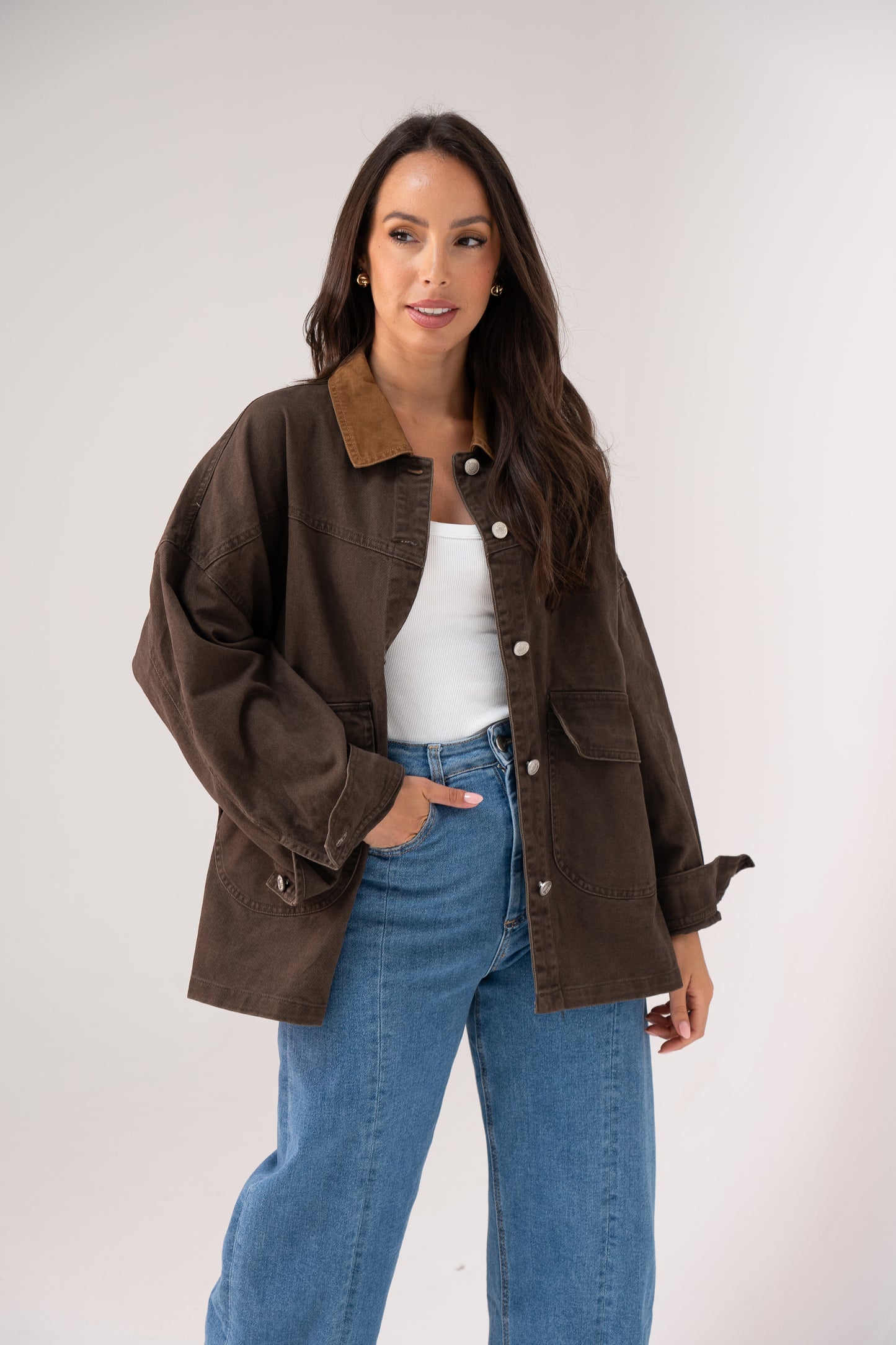 Cora Contrast Collar Shacket In Chocolate