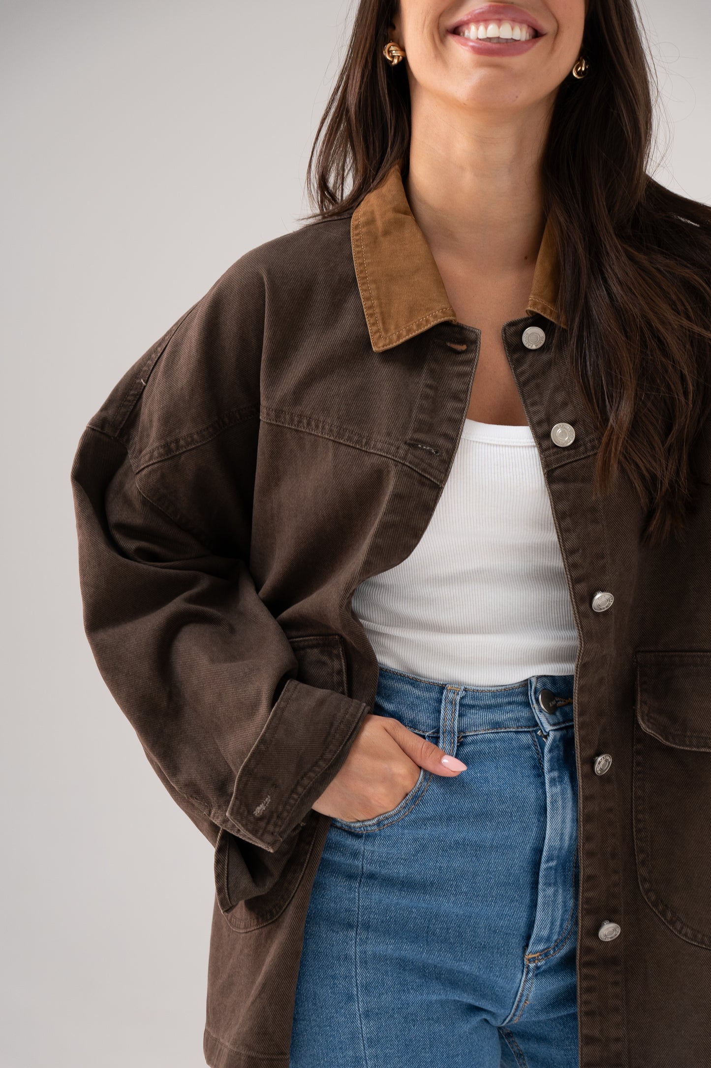 Cora Contrast Collar Shacket In Chocolate