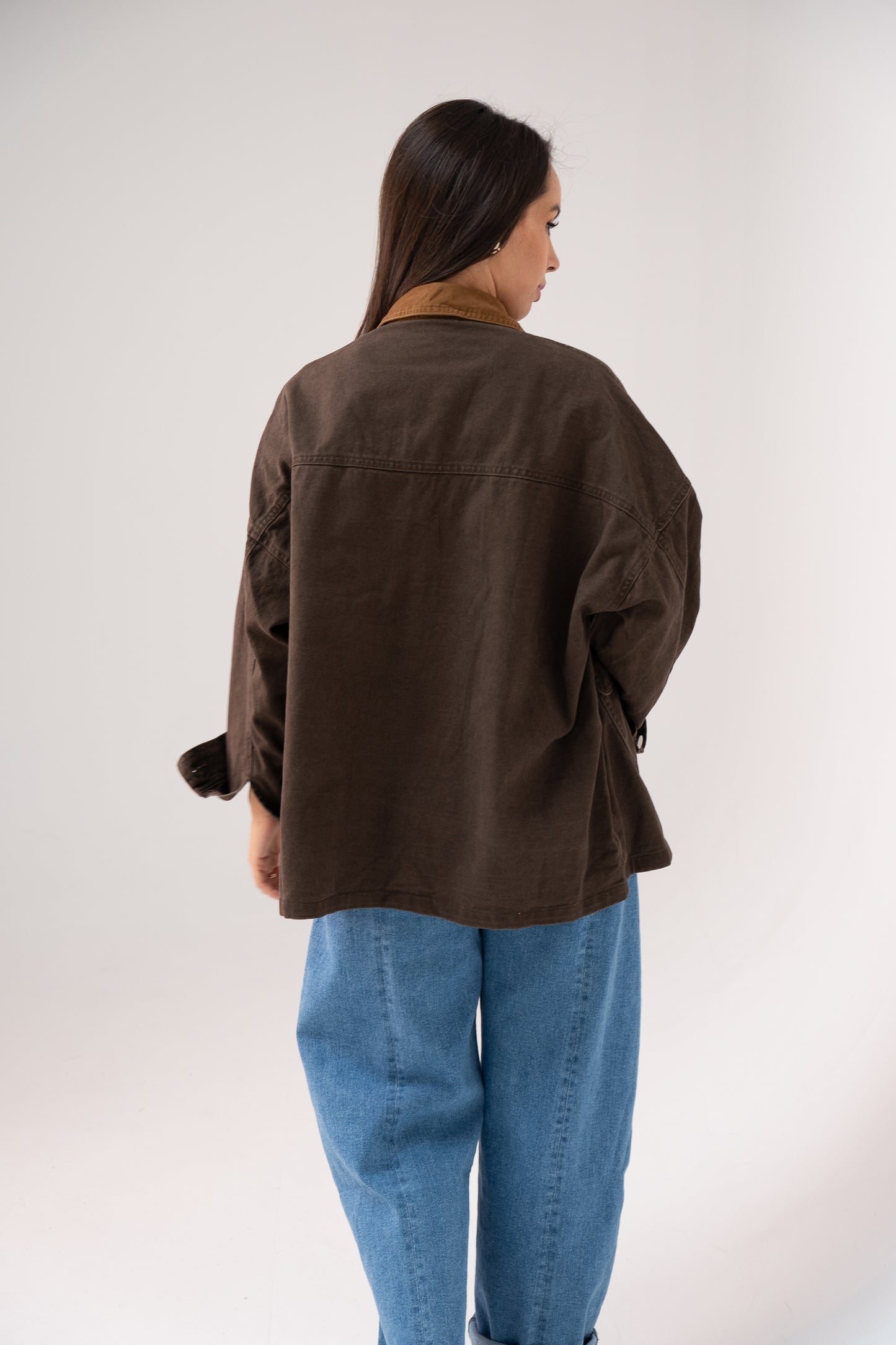 Cora Contrast Collar Shacket In Chocolate